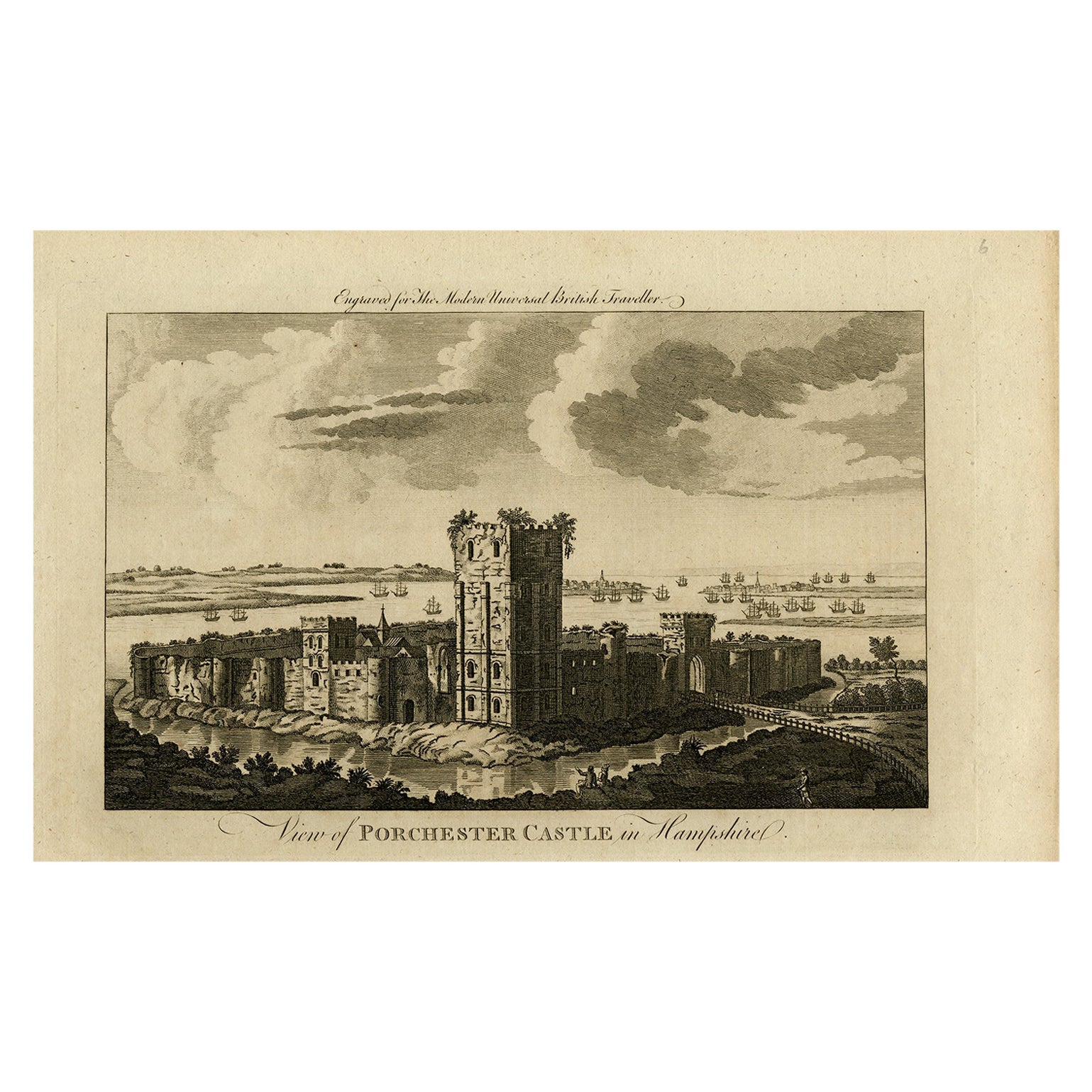 Original Antike gravierte Ansicht von Porchester Castle in Hampshire, um 1780 im Angebot