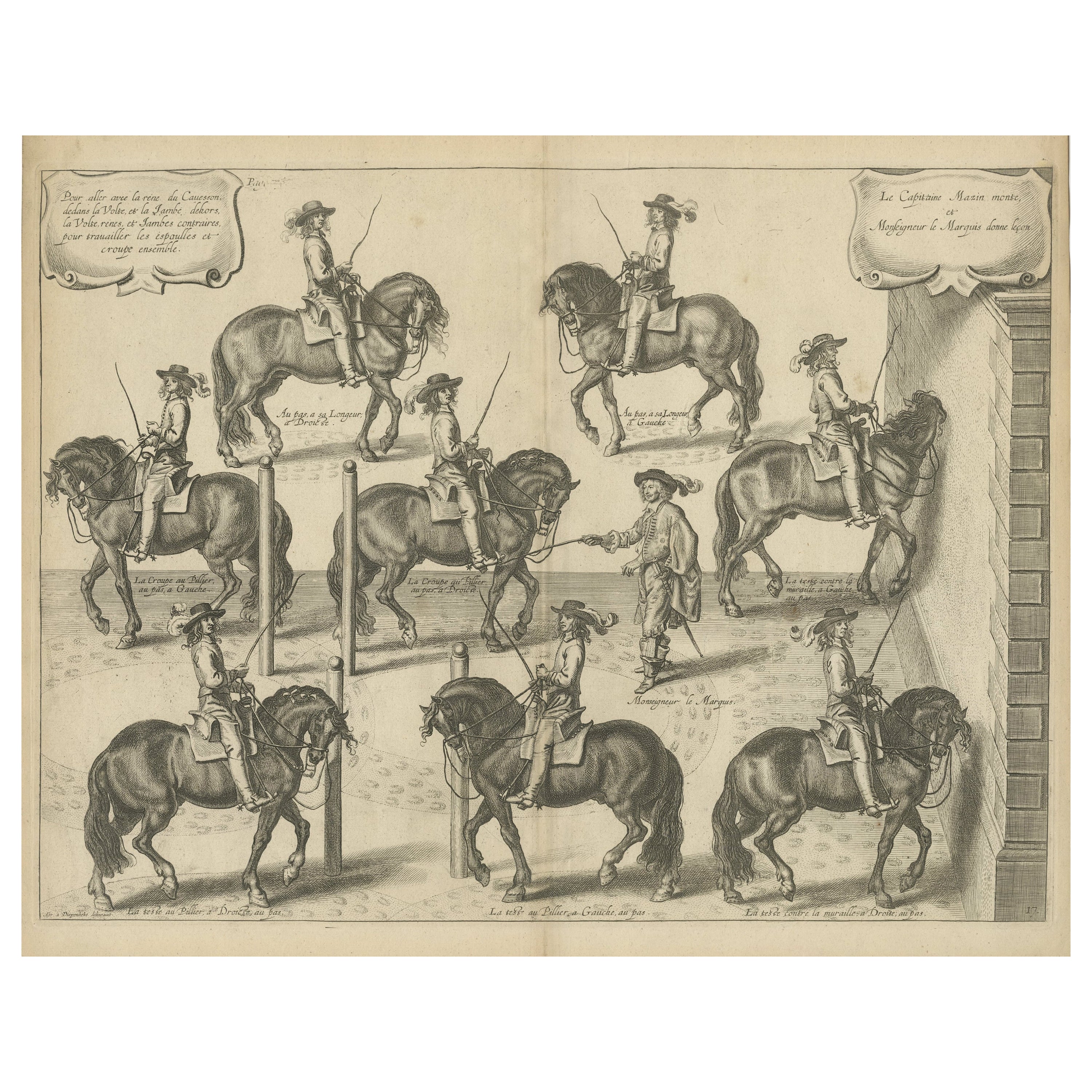 Gravure ancienne originale : Le Duke de Newcastle enseignant le dressage des chevaux, 1743