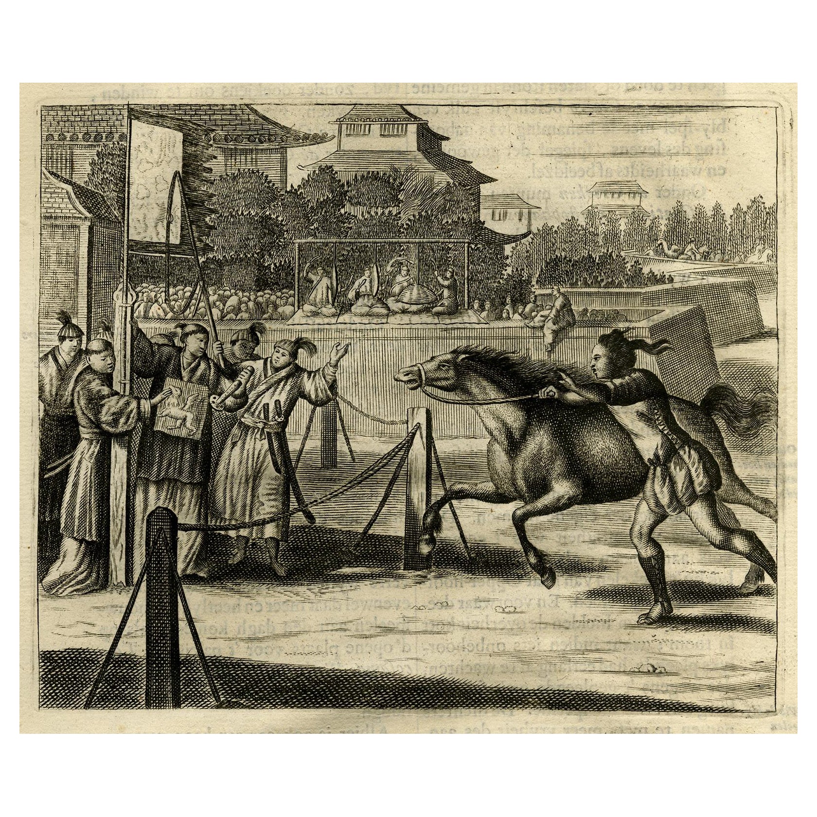 Gravure ancienne originale d'une course de chevaux sur un terrain de course japonais, 1669 en vente