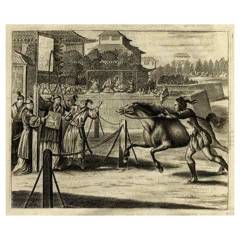 Original Antique Engraving of a Horse Race at a Japanese Racing Track, 1669