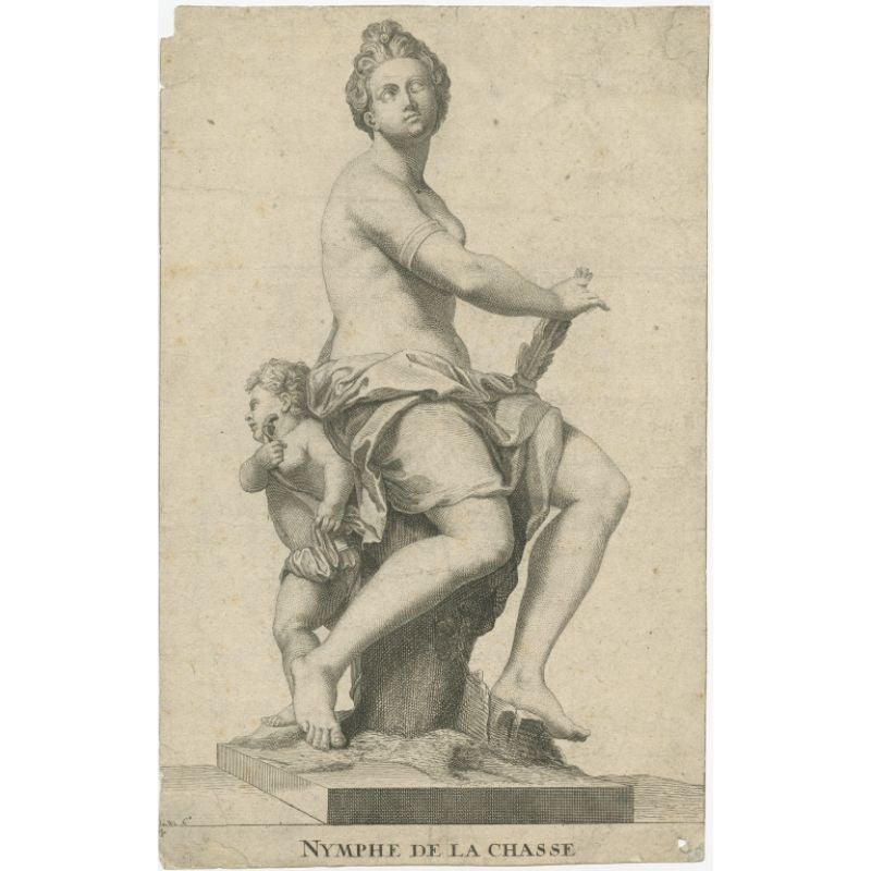 Original Antique Engraving of a Hunting Nymph, c.1740 For Sale