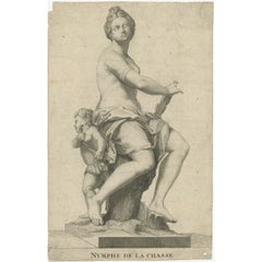 Original Antique Engraving of a Hunting Nymph, c.1740