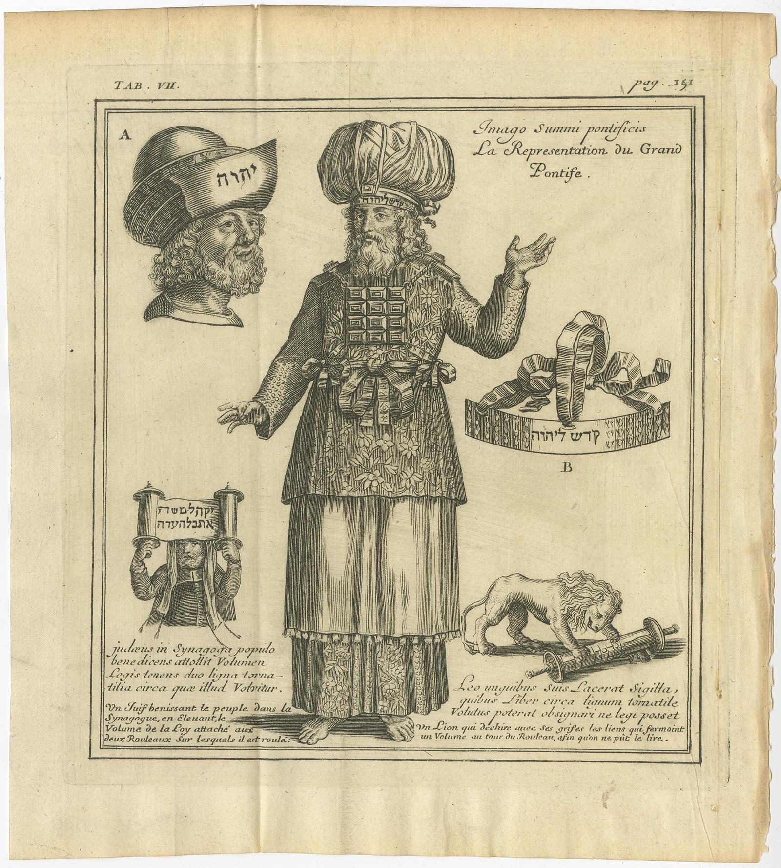 Antique print titled 'La Representation du Grand Pontise'. 

Old print depicting a Jewish Priest. This print originates from 'Introduction à l'écriture sainte, où l'on traite tout ce qui concerne les Juifs (..)' by B. Lamy.

Artists and