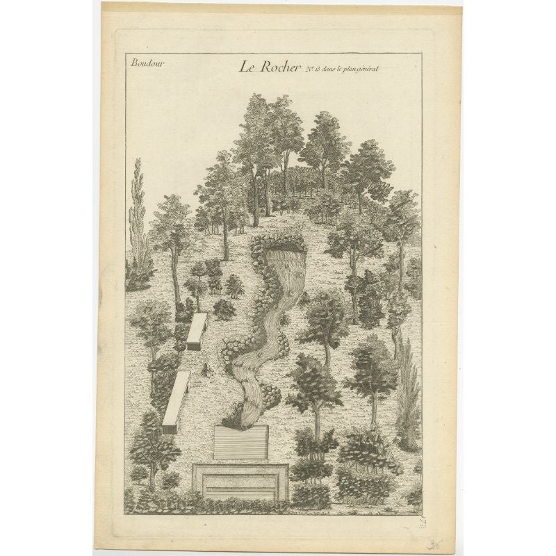 Antique print titled 'Le Rocher'. Copper engraving showing a rock formation. This print originates from 'Jardins Anglo-Chinois à la Mode' by Georg Louis le Rouge.

Artists and Engravers: The work of Le Rouge is considered the most important