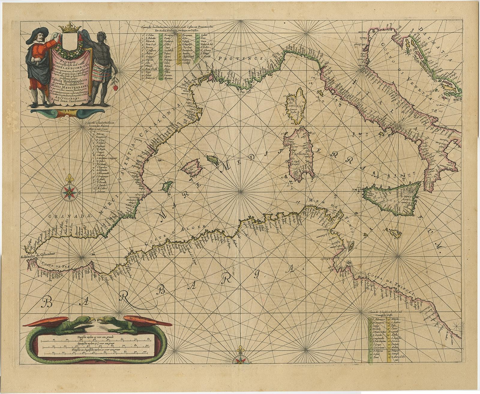 Antique map titled 'Pascaerte van 't westlyckste deel vande Middelandsche-Zee (..)'. 

Sea chart of the Western Mediterranean. The map extends from the Straits of Gibralter to Italy and Sicily and the Coast of Dalmatia. Originates from 'Atlantis