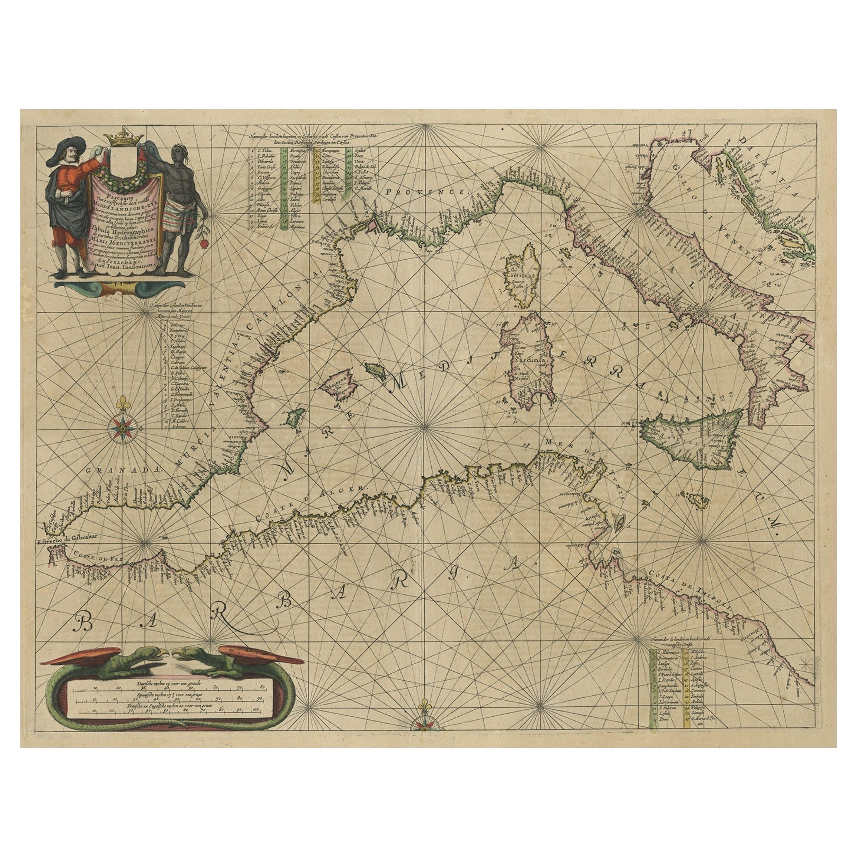 Incisione antica originale di una carta marittima del Mediterraneo occidentale, 1650 ca.