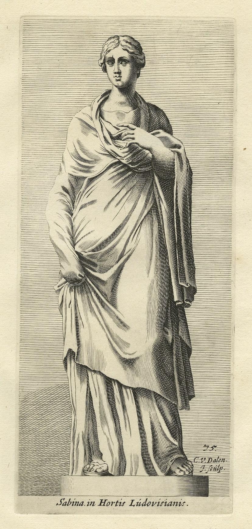 Antique print, titled: 'Sabina in Hortis Ludovisianis.' - Statue of a Sabine woman in Rome. The Sabines were an Italic tribe which lived in the central Apennines of ancient Italy.

From the 1660 Dutch edition of 'Icones et Segmenta Nobil. Signorum