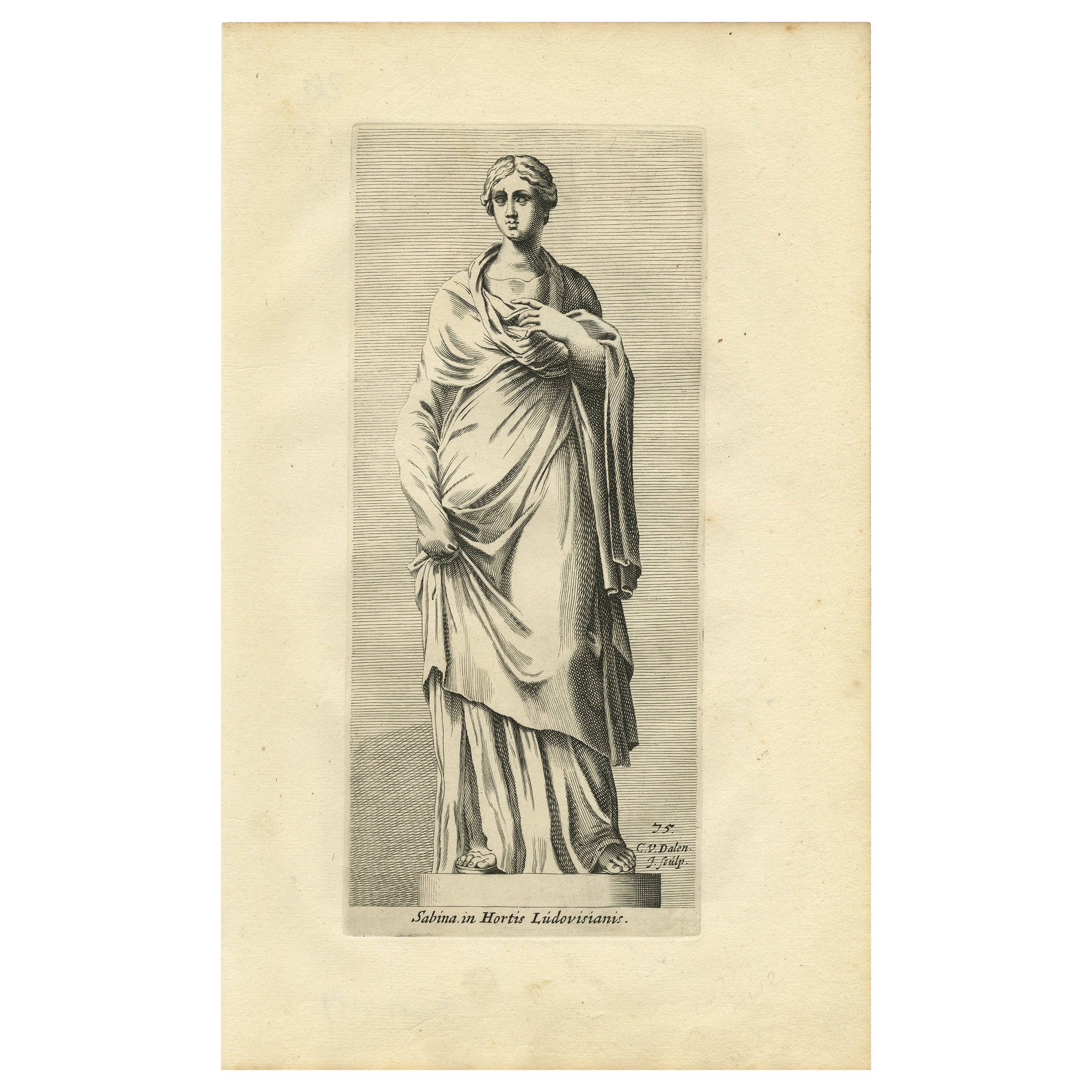 Gravure ancienne d'origine d'une statue d'une femme Sabine à Rome, Italie en vente