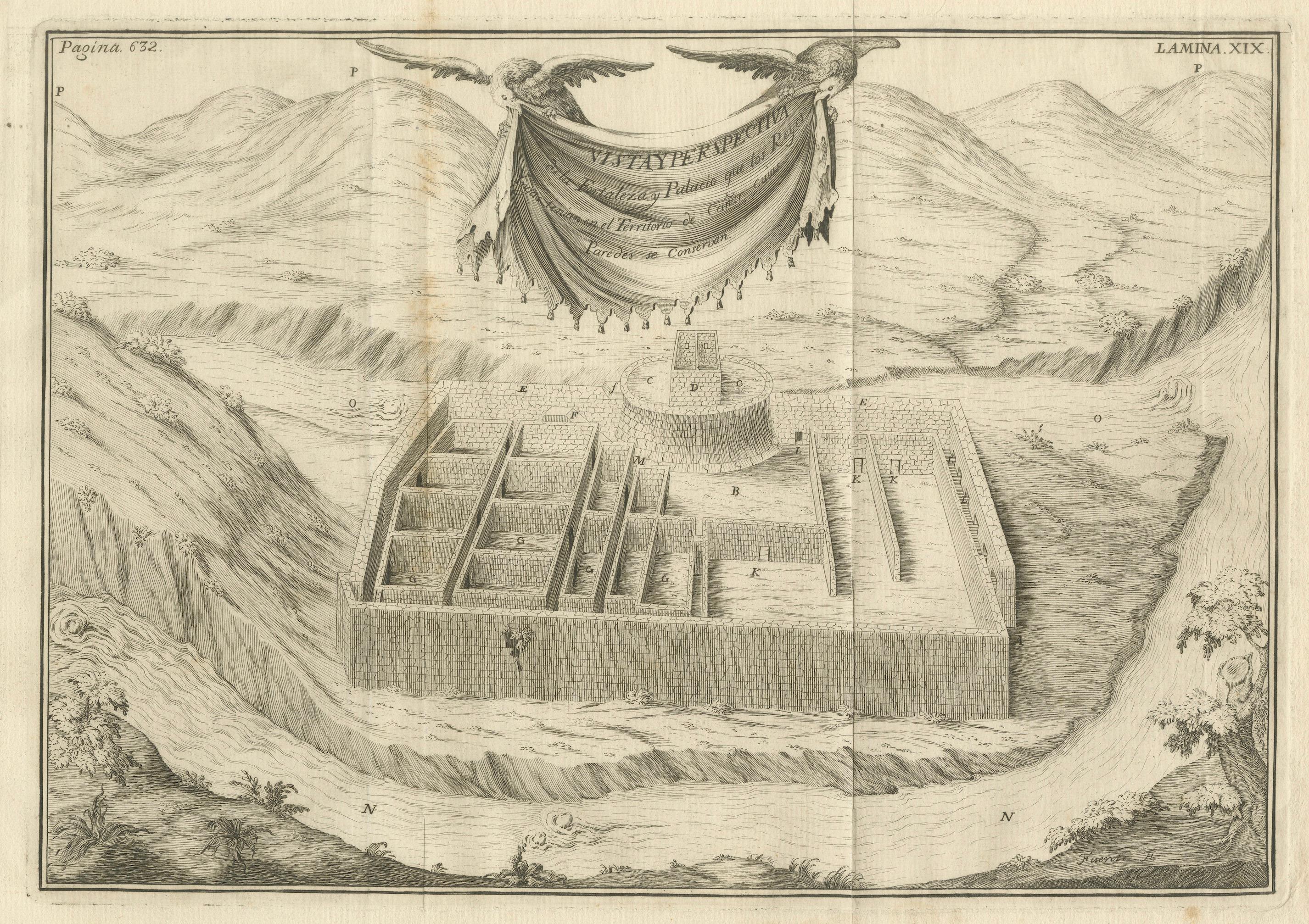 Original Antique Engraving of an Inca Palace in Peru by Jorge Juan & Ulloa, 1748
