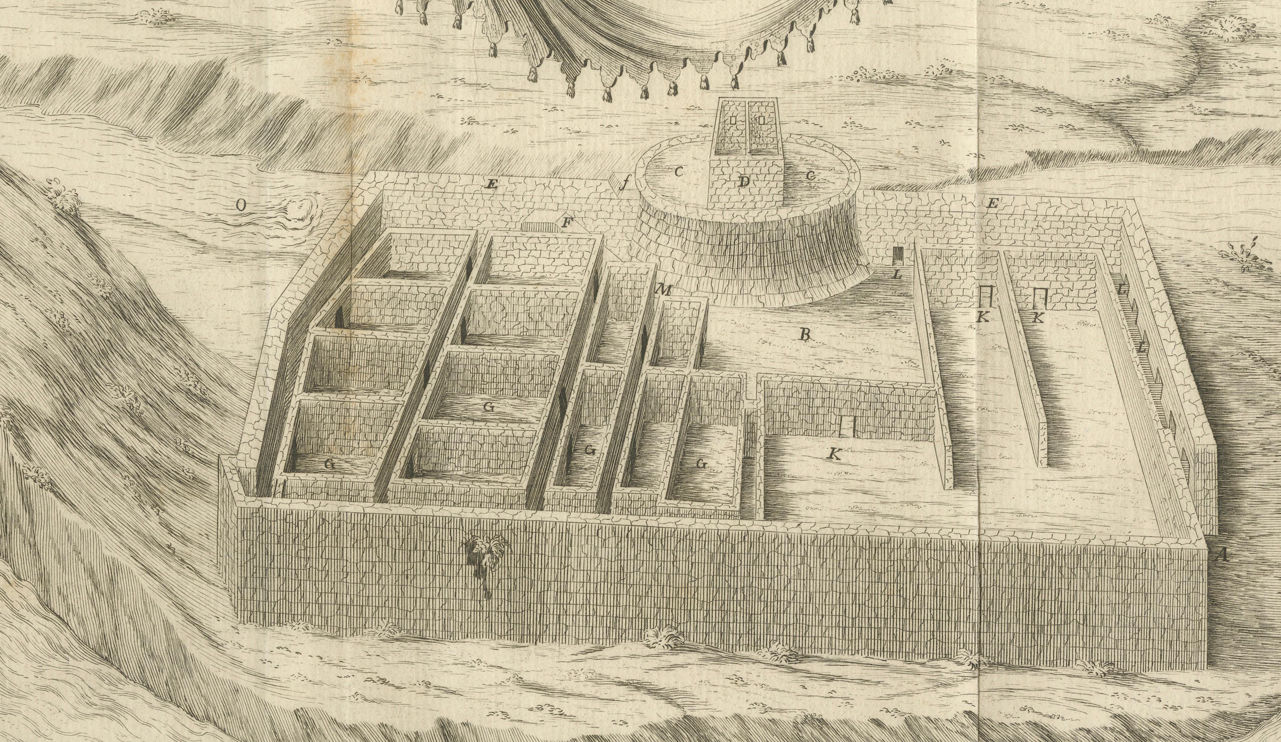 Original Antique Engraving of an Inca Palace in Peru by Jorge Juan & Ulloa, 1748