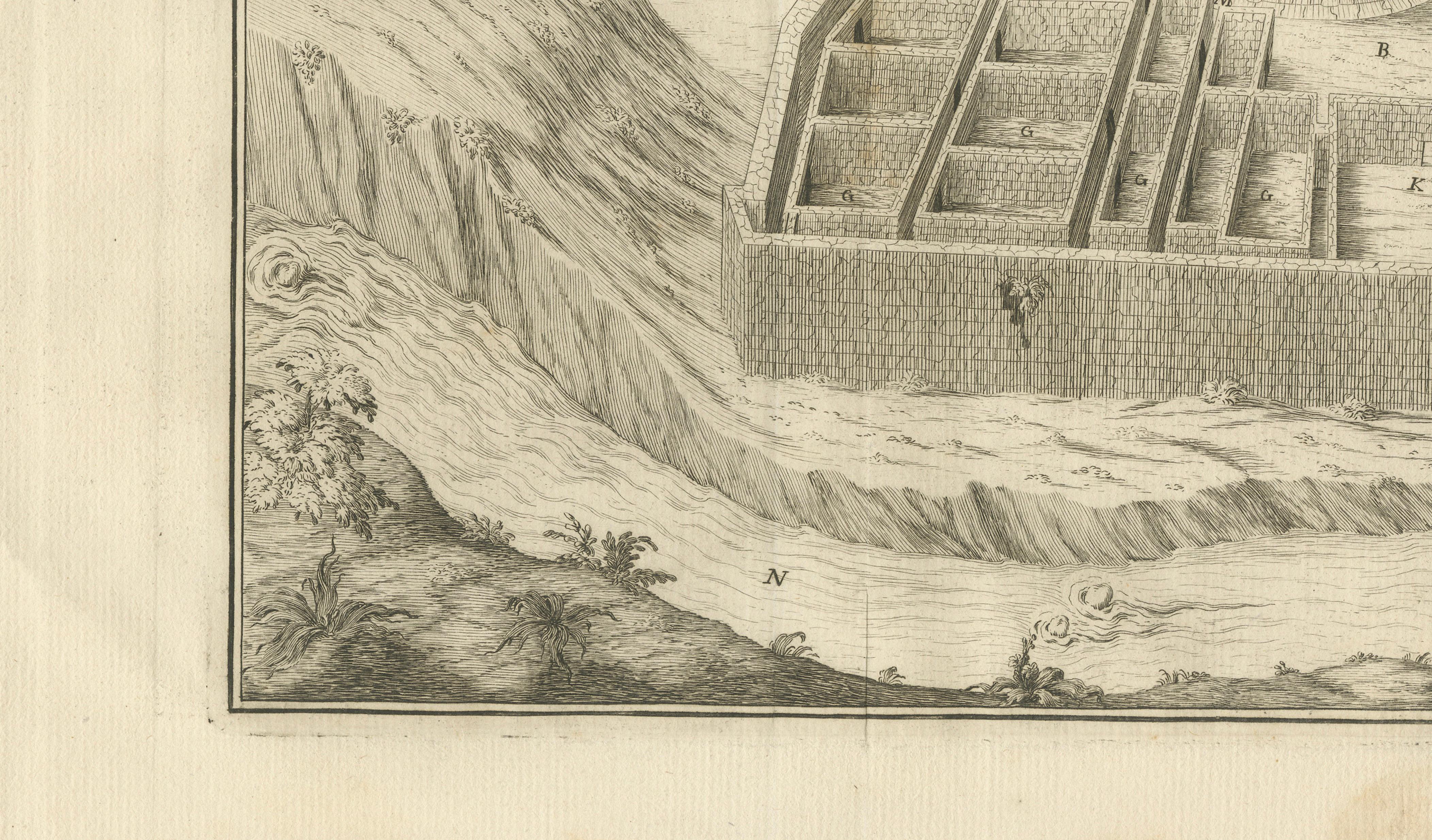 Original Antique Engraving of an Inca Palace in Peru by Jorge Juan & Ulloa, 1748