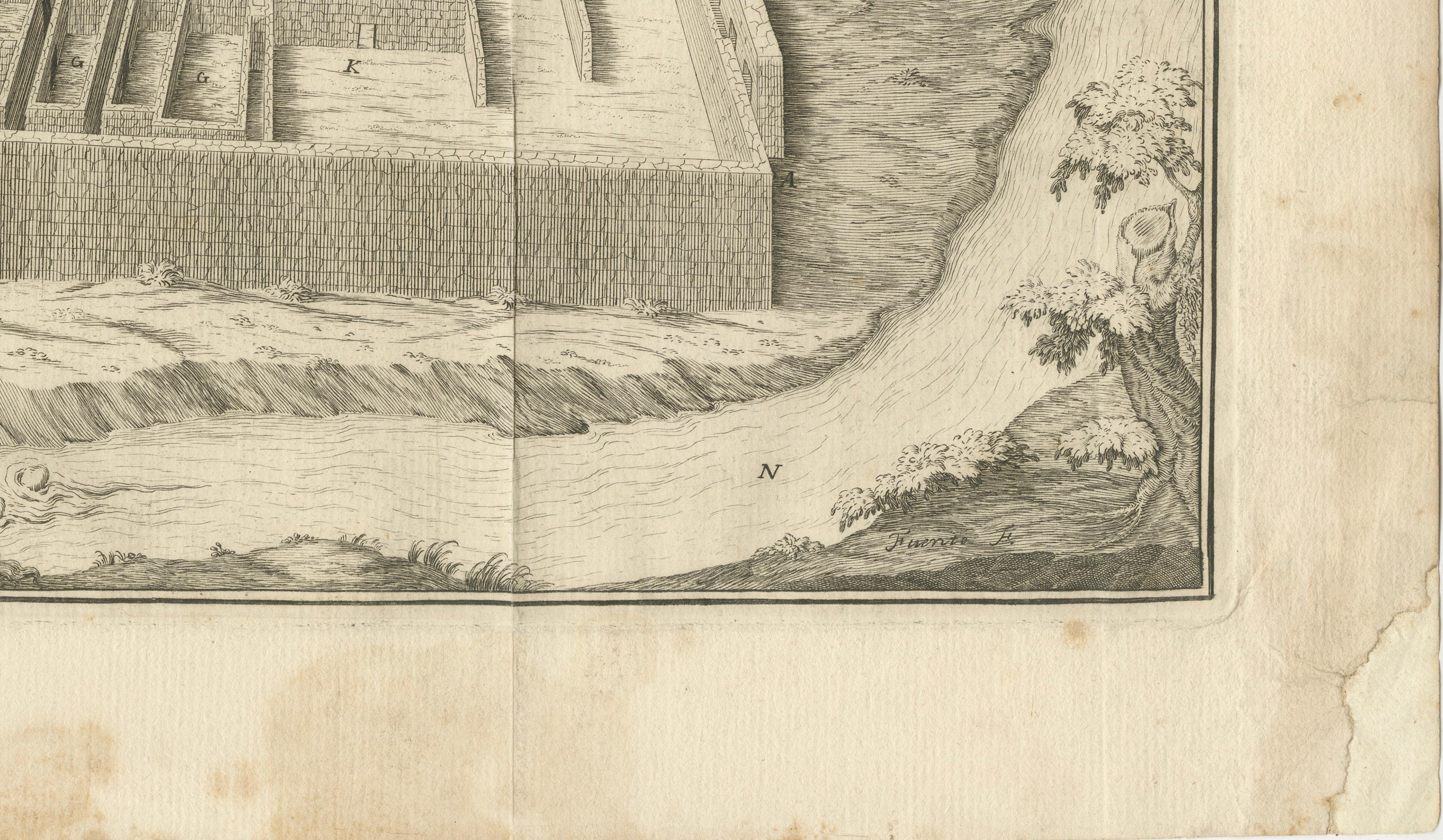 Original Antique Engraving of an Inca Palace in Peru by Jorge Juan & Ulloa, 1748