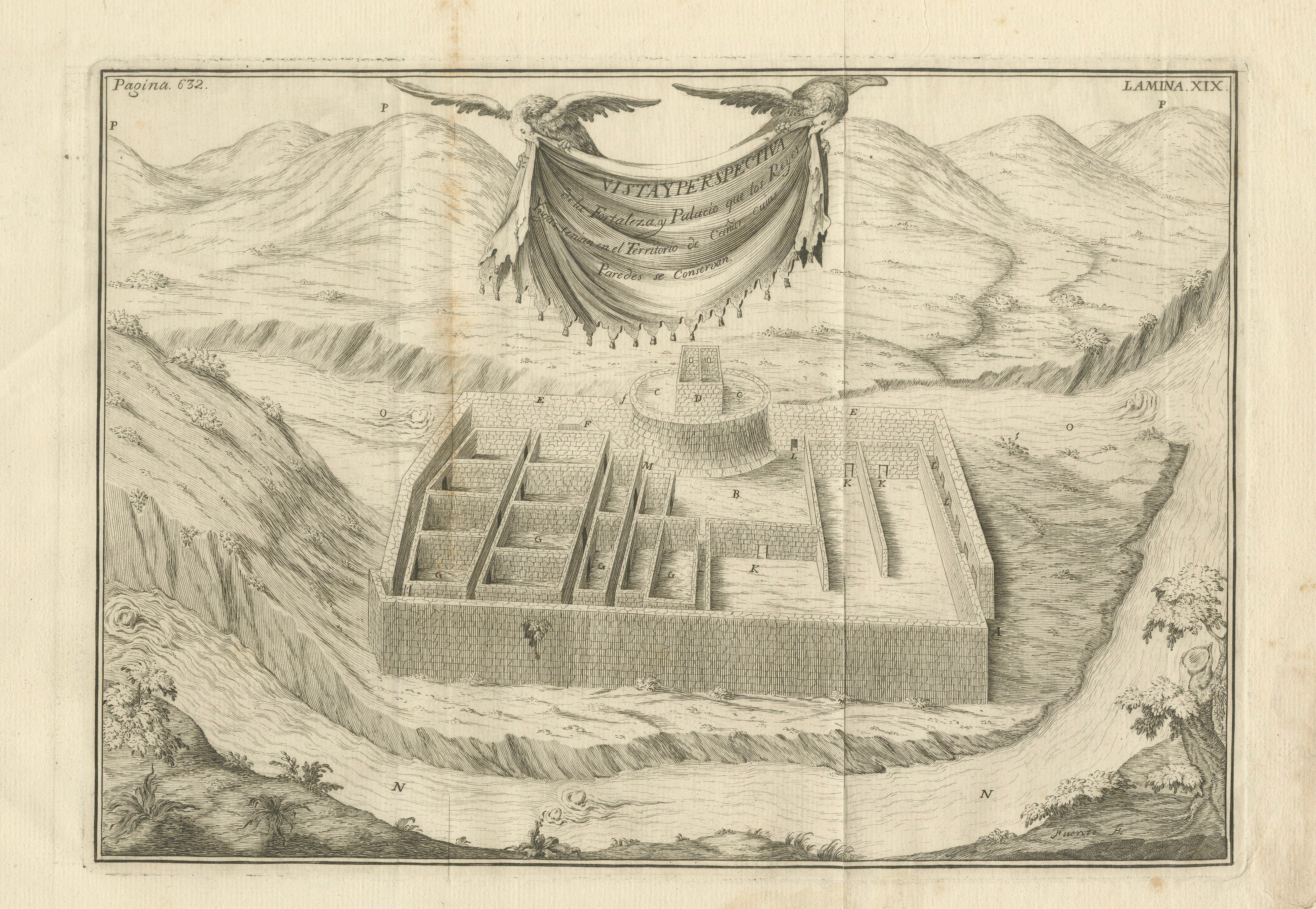 Original Antique Engraving of an Inca Palace in Peru by Jorge Juan & Ulloa, 1748 For Sale