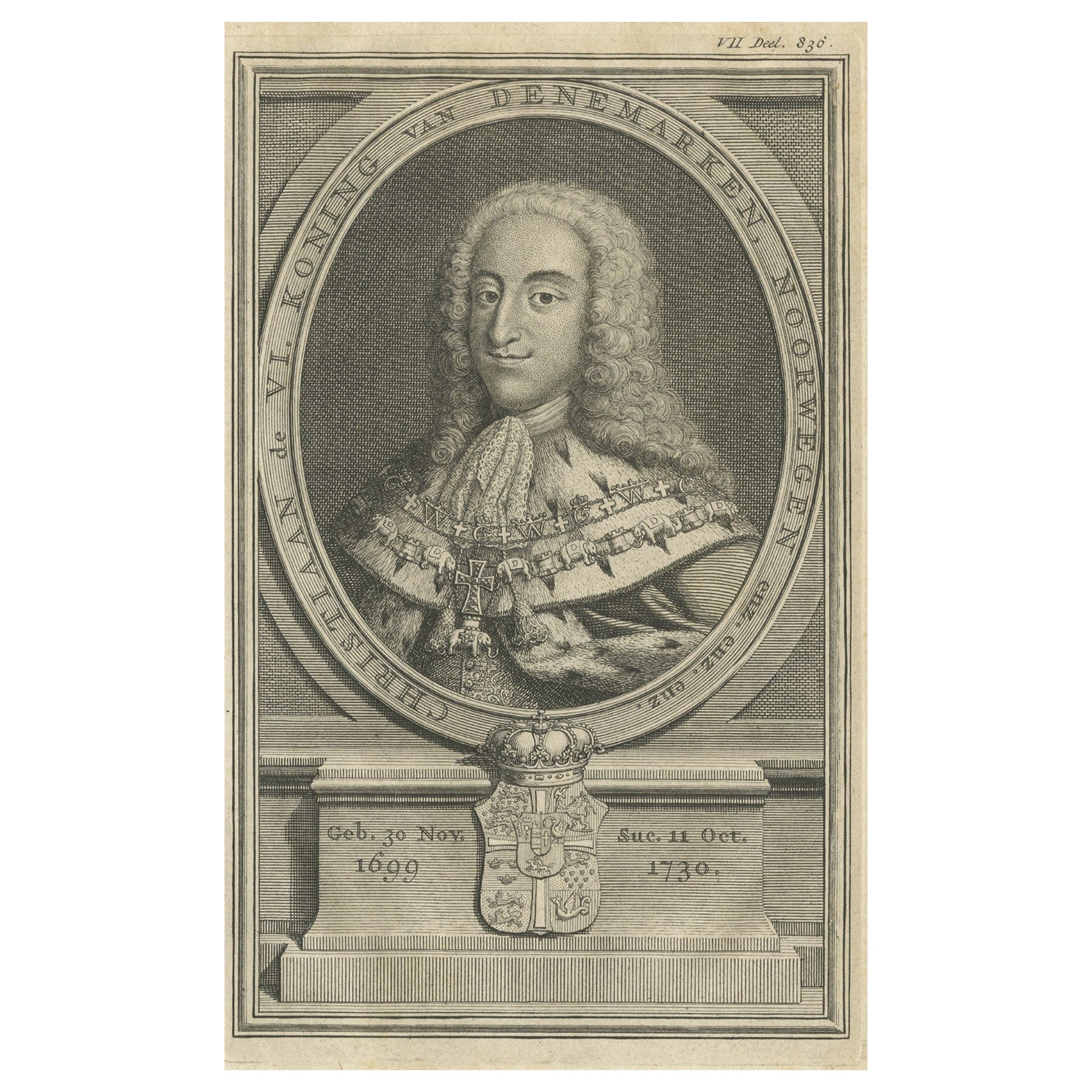 Gravure ancienne originale de Christian, 6e roi de Norvège, 1735