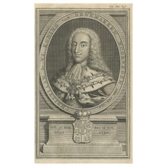 Gravure ancienne originale de Christian, 6e roi de Norvège, 1735