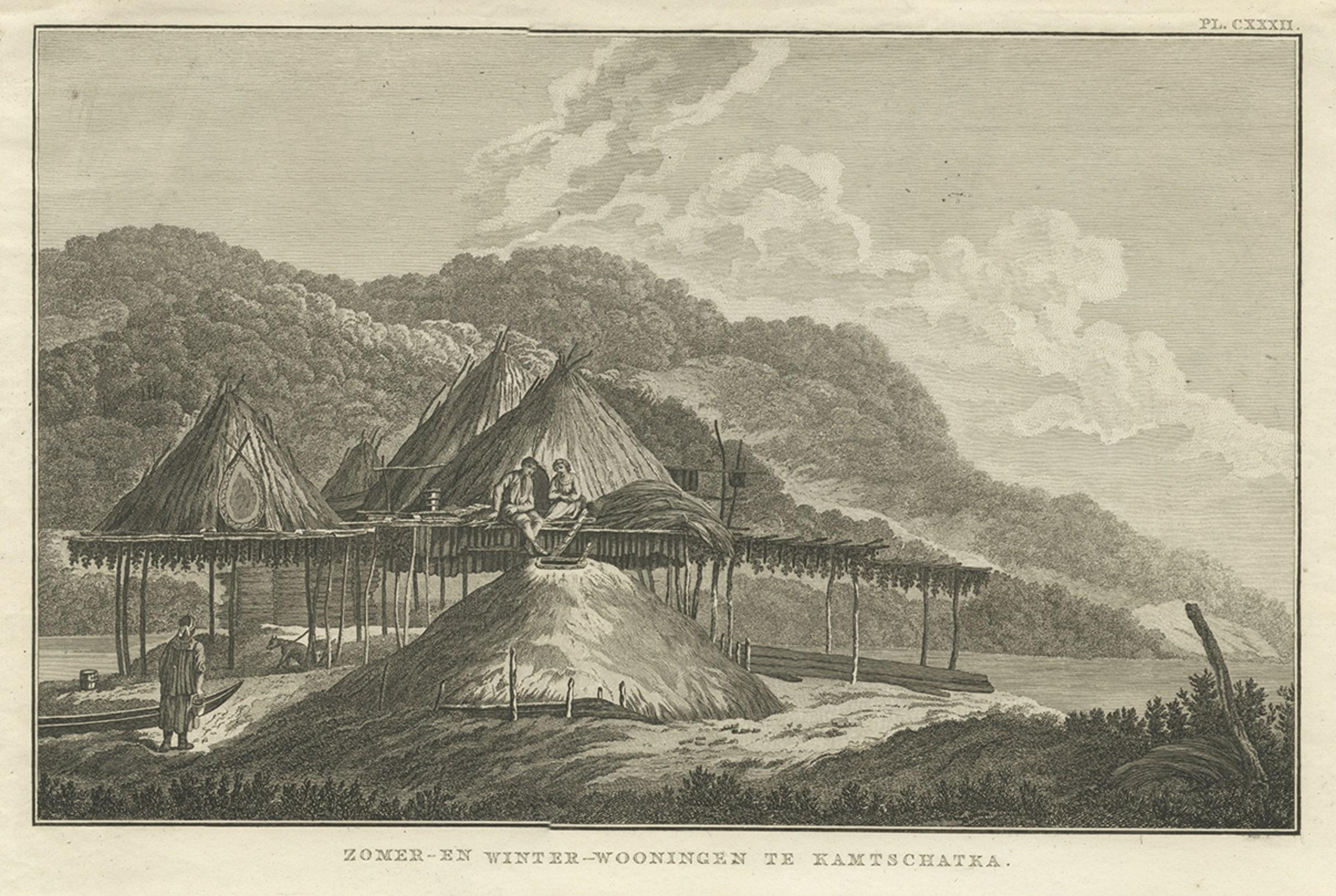 Papier Gravure ancienne d'origine de maisons à Kamchatka par Cook, 1803 en vente