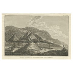Gravure ancienne d'origine de maisons à Kamchatka par Cook, 1803