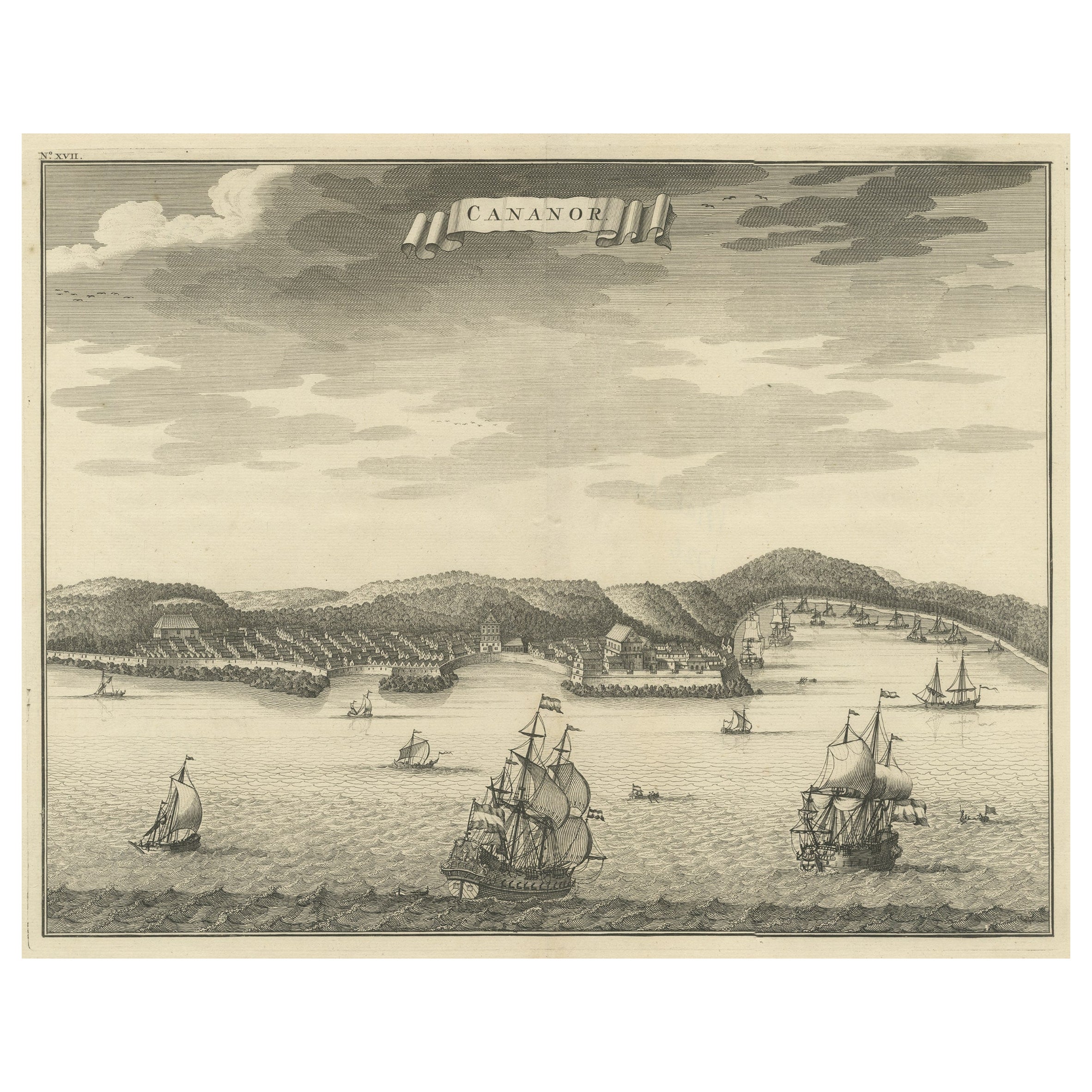 Gravure ancienne originale de Kannur « ou Cannanore », Kerala, Inde, 1726
