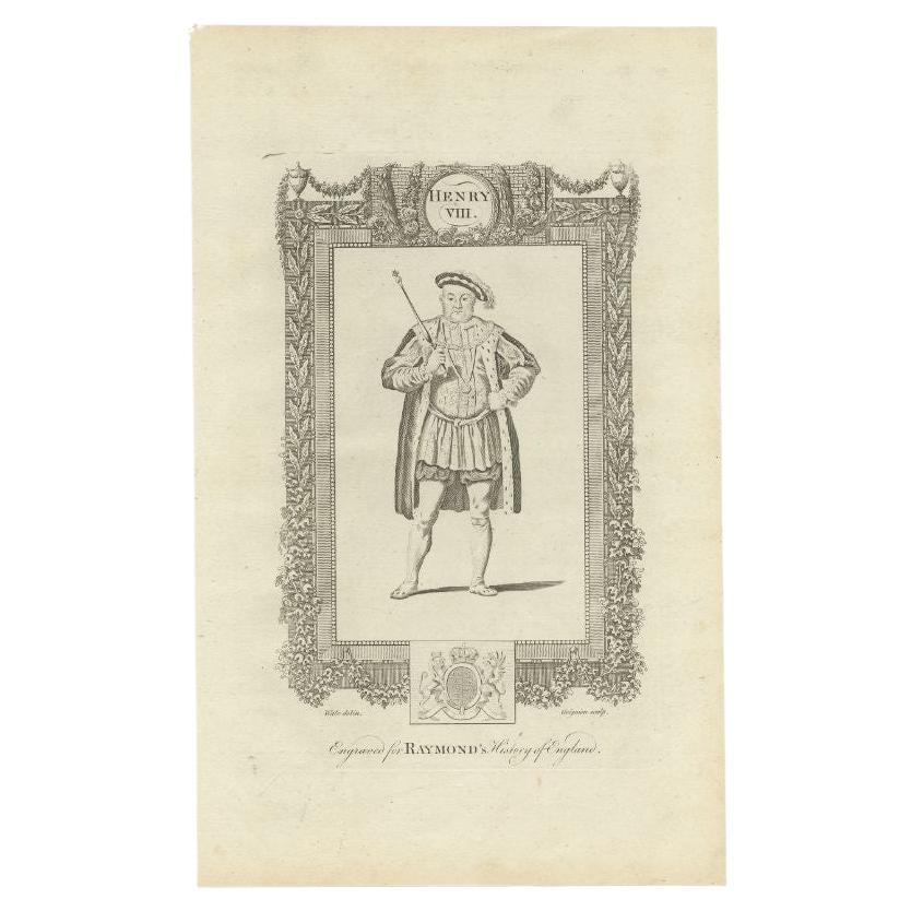 Antique print titled 'Henry VIII'. Portrait of King Henry VIII of England. This print originates from 'A New, Universal and Impartial History of England from the Earliest Authentic Records, and most Genuine Historical Evidence, to Winter of Year