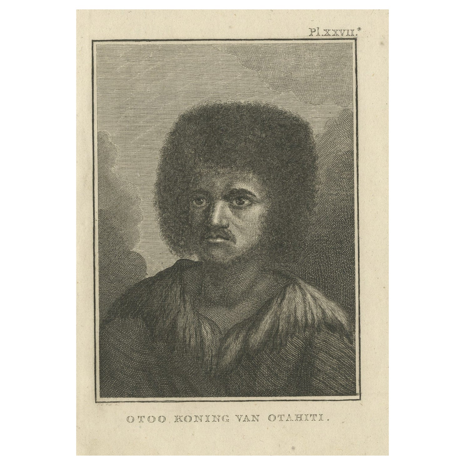 Gravure ancienne originale d' Otoo, roi de Tahiti, par Cook, 1803