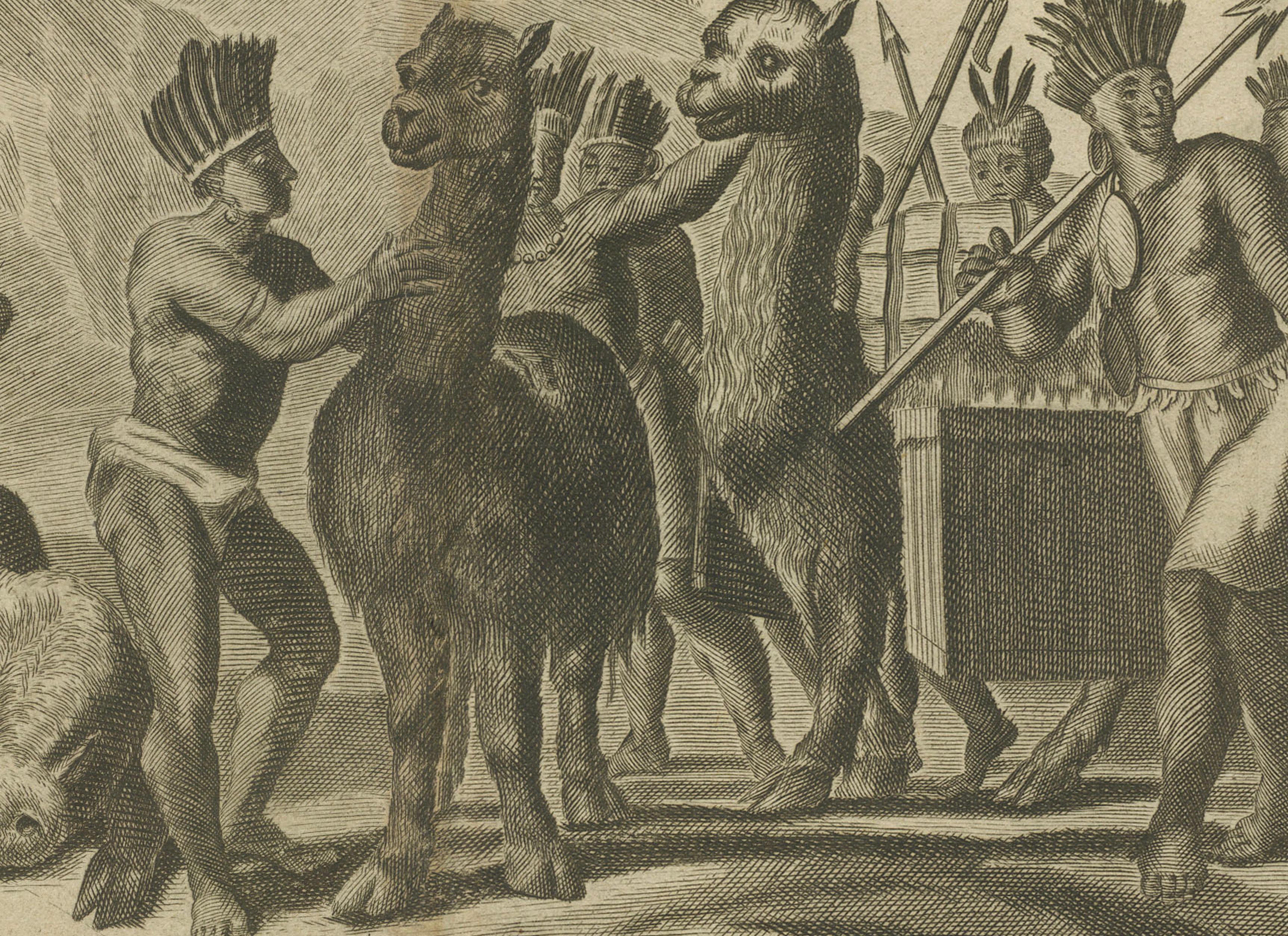 Original Antique Engraving of Peruvian Llamas by Arnoldus Montanus, c.1671