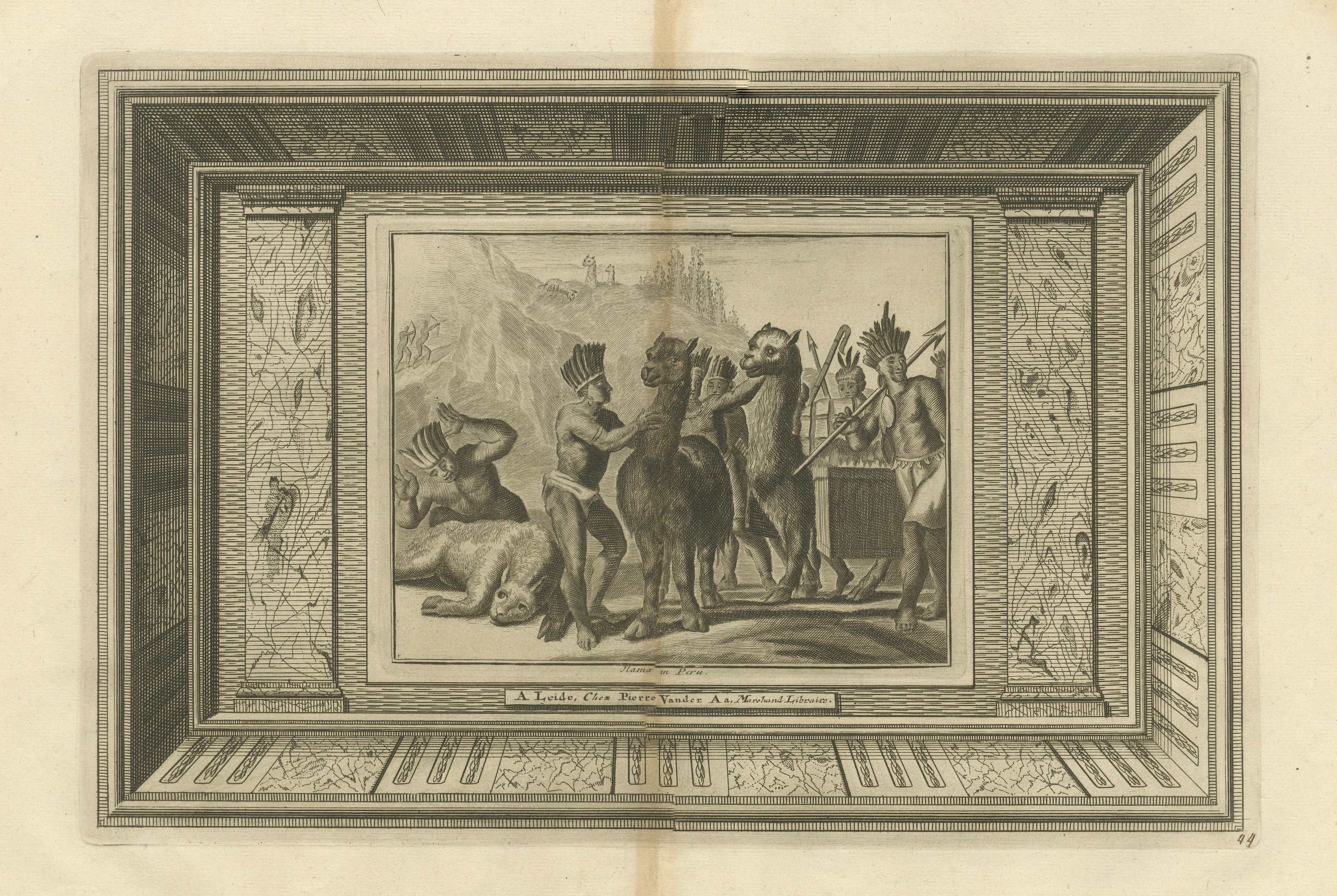 Original Antique Engraving of Peruvian Llamas by Arnoldus Montanus, c.1671