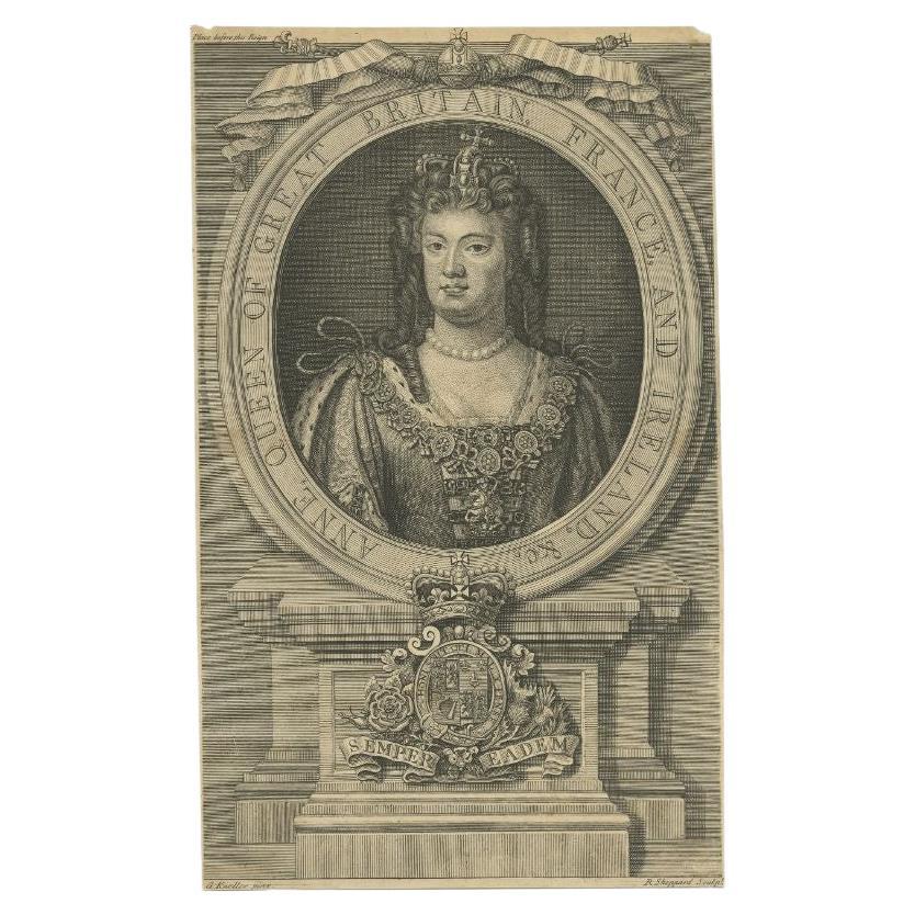 Original Antique Engraving of Queen Anne, circa 1710 For Sale