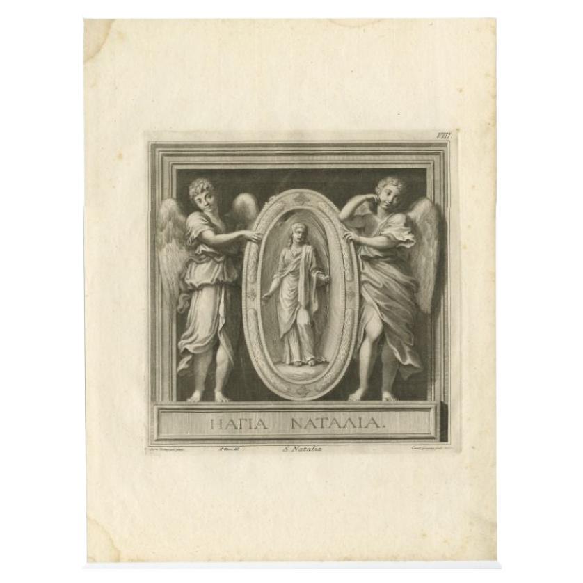Antique print titled 'Hatia Nataalia - S. Natalia'. Scarce plate showing Saint Natalie/Natalia. After one of the frescoes Domenico Zapieri painted for the Abbey of Grottaferrata (near Rome). This Abbey was founded by St. Nilus of Rossano and