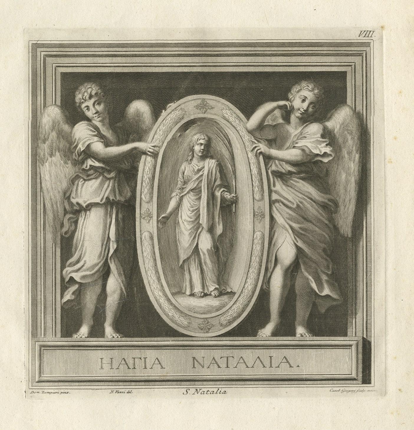 Original Antique Engraving of Saint Natalie, 1762 For Sale