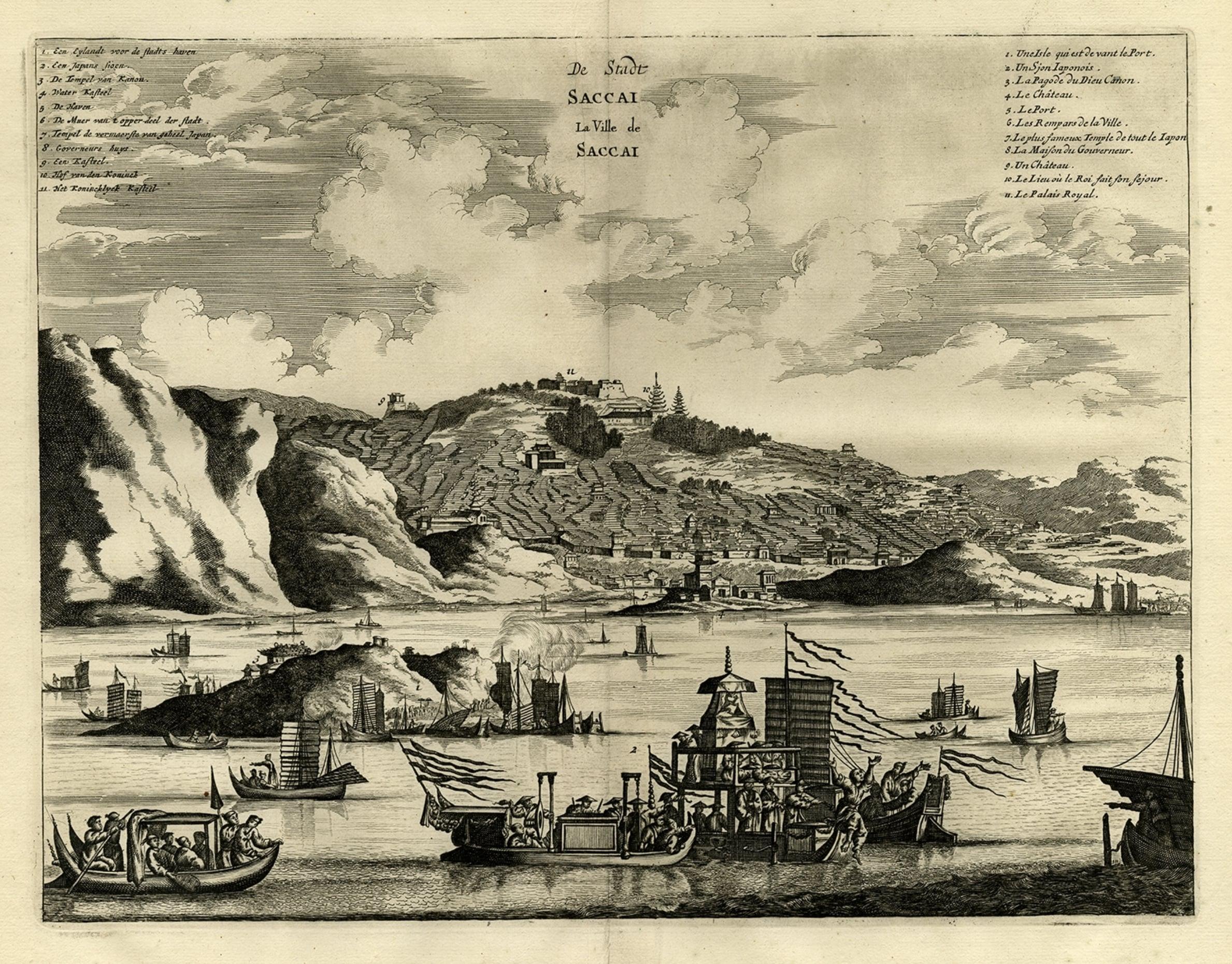Antique print, titled: 'De Stadt Saccai. La Ville de Saccai.' - ('The City Saccai'). 

This plate shows a view of Sakai in the Osaka Prefecture, Japan. Sakai has been one of the largest and most important seaports of Japan since the Medieval era.