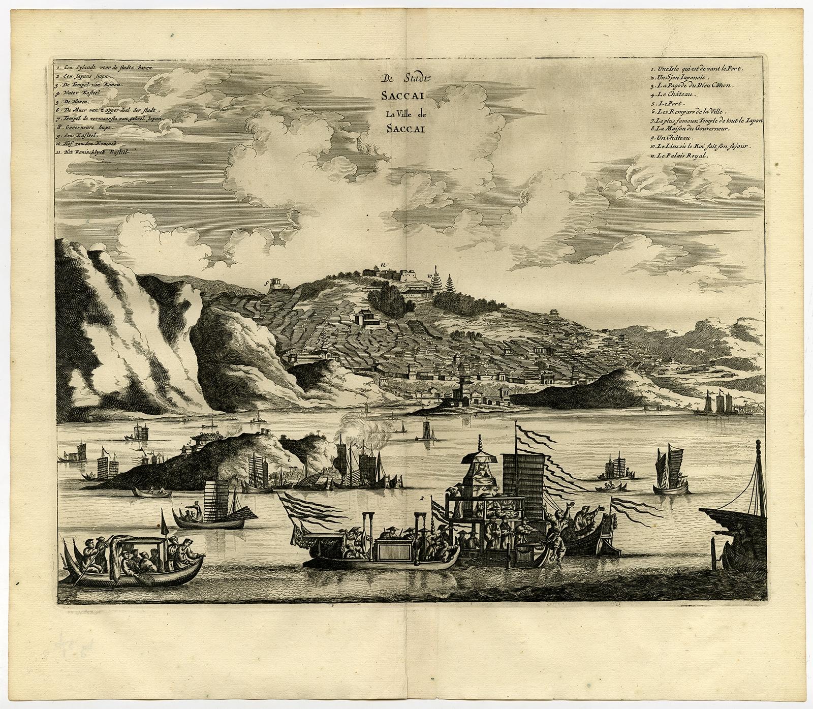 Gravure ancienne originale de Sakai dans la préfecture d'Osaka, Japon, 1669 Bon état - En vente à Langweer, NL