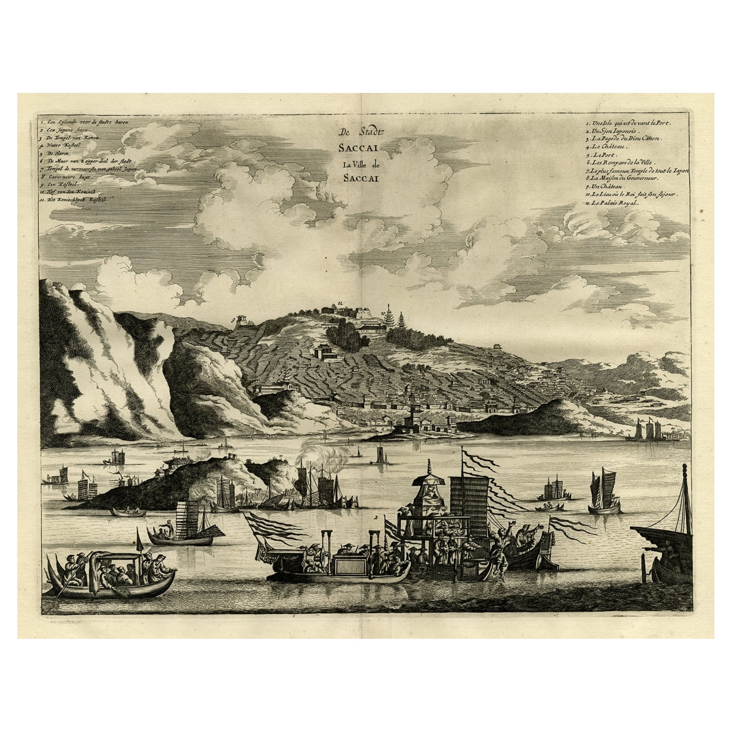 Original Antike Gravur von Sakai in der Präfektur Osaka, Japan, 1669