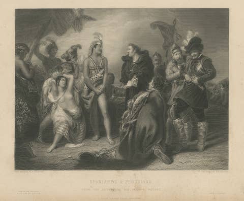 Original Antique Engraving of Spaniards & Peruvians after H.P. Briggs, c.1827