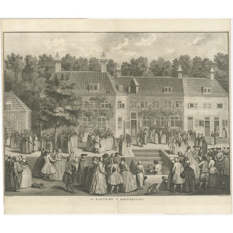 Antique print titled 'Le Baptême de Rhinsbourg'. This print depicts the baptism of Christians in Katwijk-Rijnsburg in The Netherlands. Source unknown, to be determined.

Artists and Engravers: Engraved by B. Bernaerts. 

Condition: Very good,