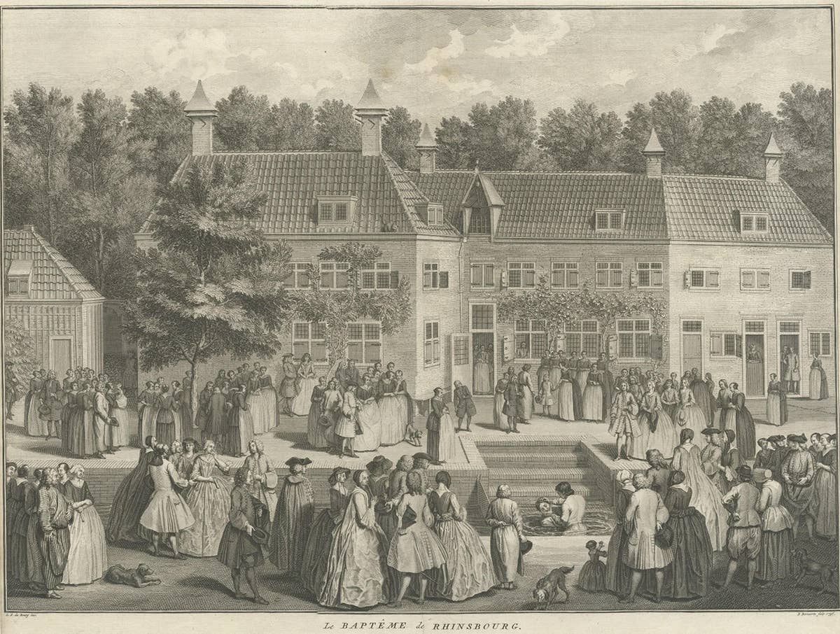 Original Antique Engraving of the Baptism of Christians in The Netherlands, 17