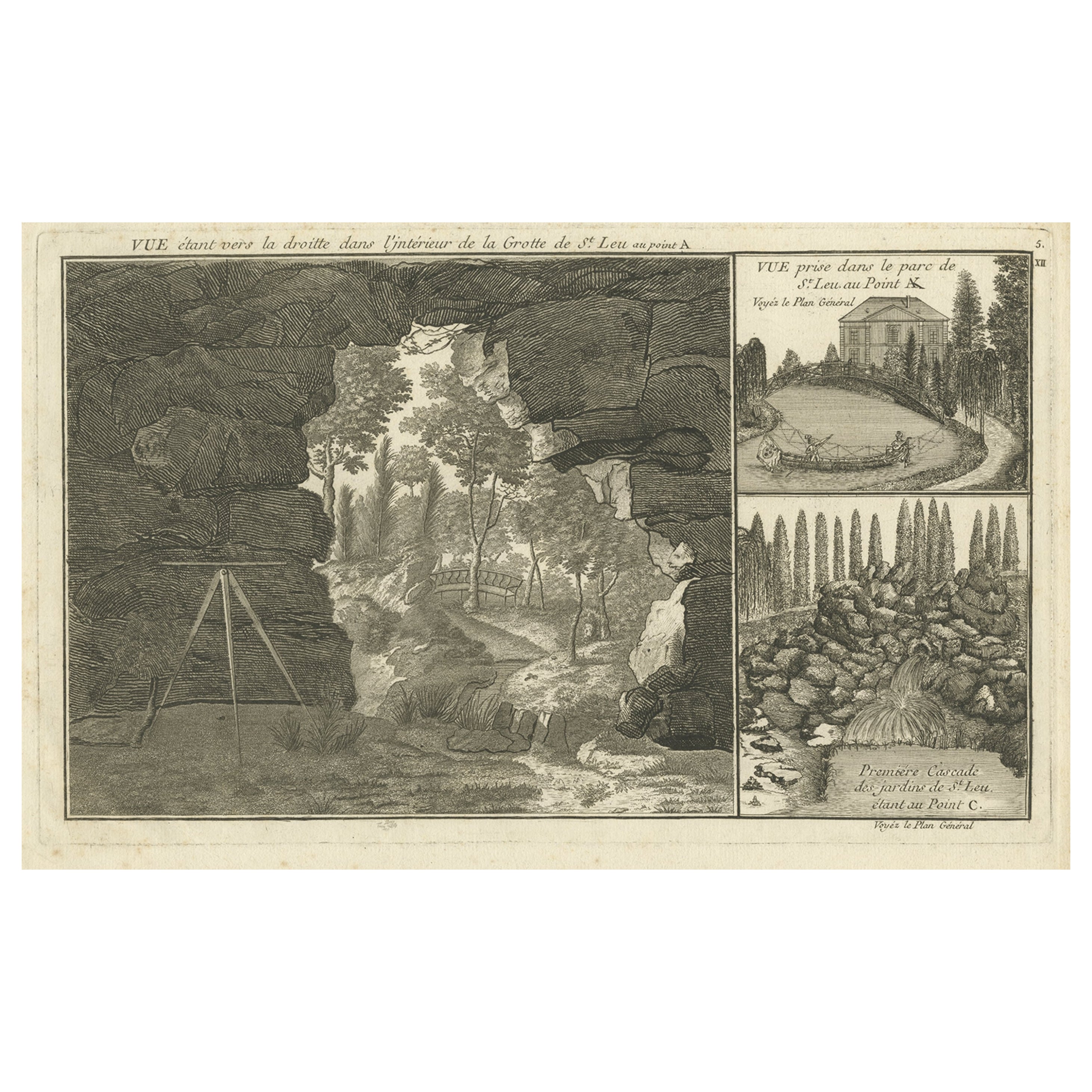 Original Antike Gravur der Höhle von Saint-Leu in Frankreich, um 1785