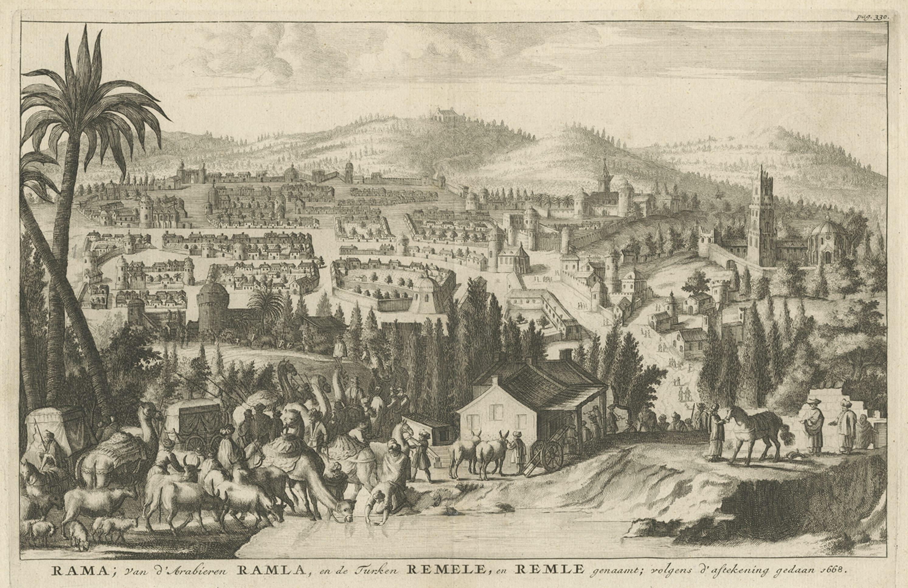 Original Antique Engraving of The City of Ramallah, Palestine, 1717 In Good Condition In Langweer, NL