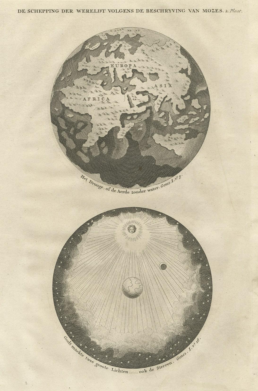 Papier Gravure ancienne originale de la création du monde d'après Mozes, 1725 en vente