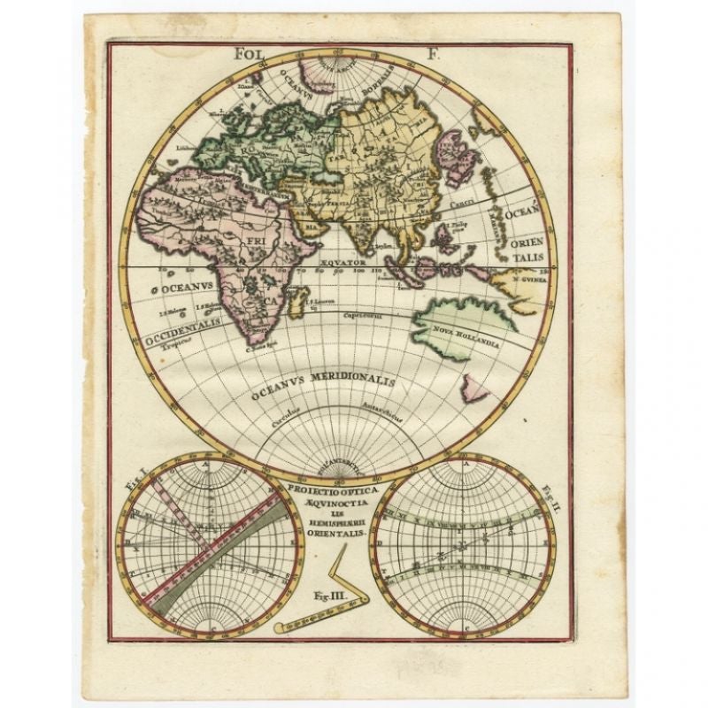Antique map titled 'Proiectio Optica Aequinoctia lis Hemishaerii Orientalis' - Map of the Eastern Hemisphere with Africa, Europe, Asia and Nova Hollandia with the eastern and southeastern coast of Australia uncharted. Relief shown pictorially.