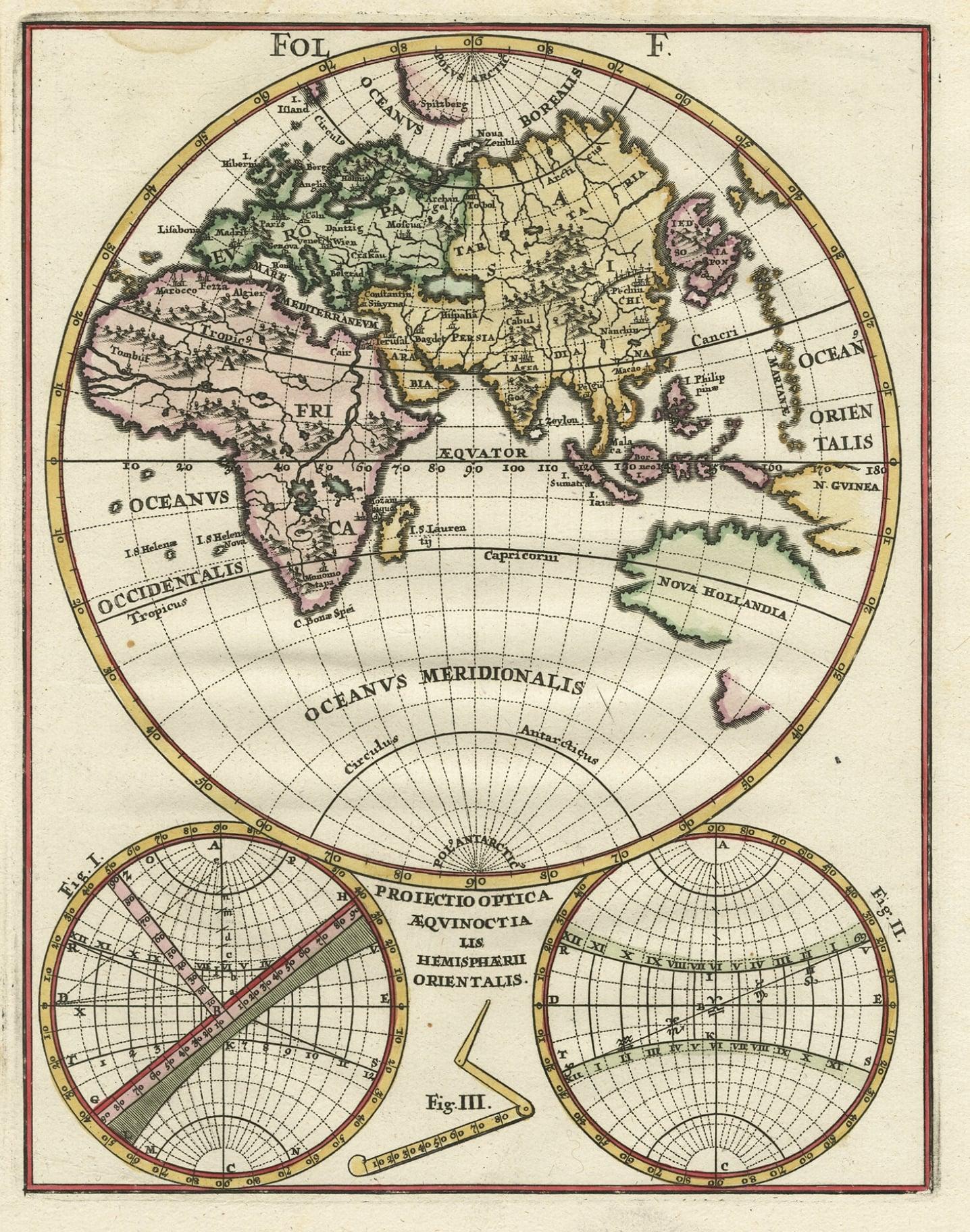 Original Antique Engraving of the Eastern Hemisphere, c.1700 In Fair Condition For Sale In Langweer, NL