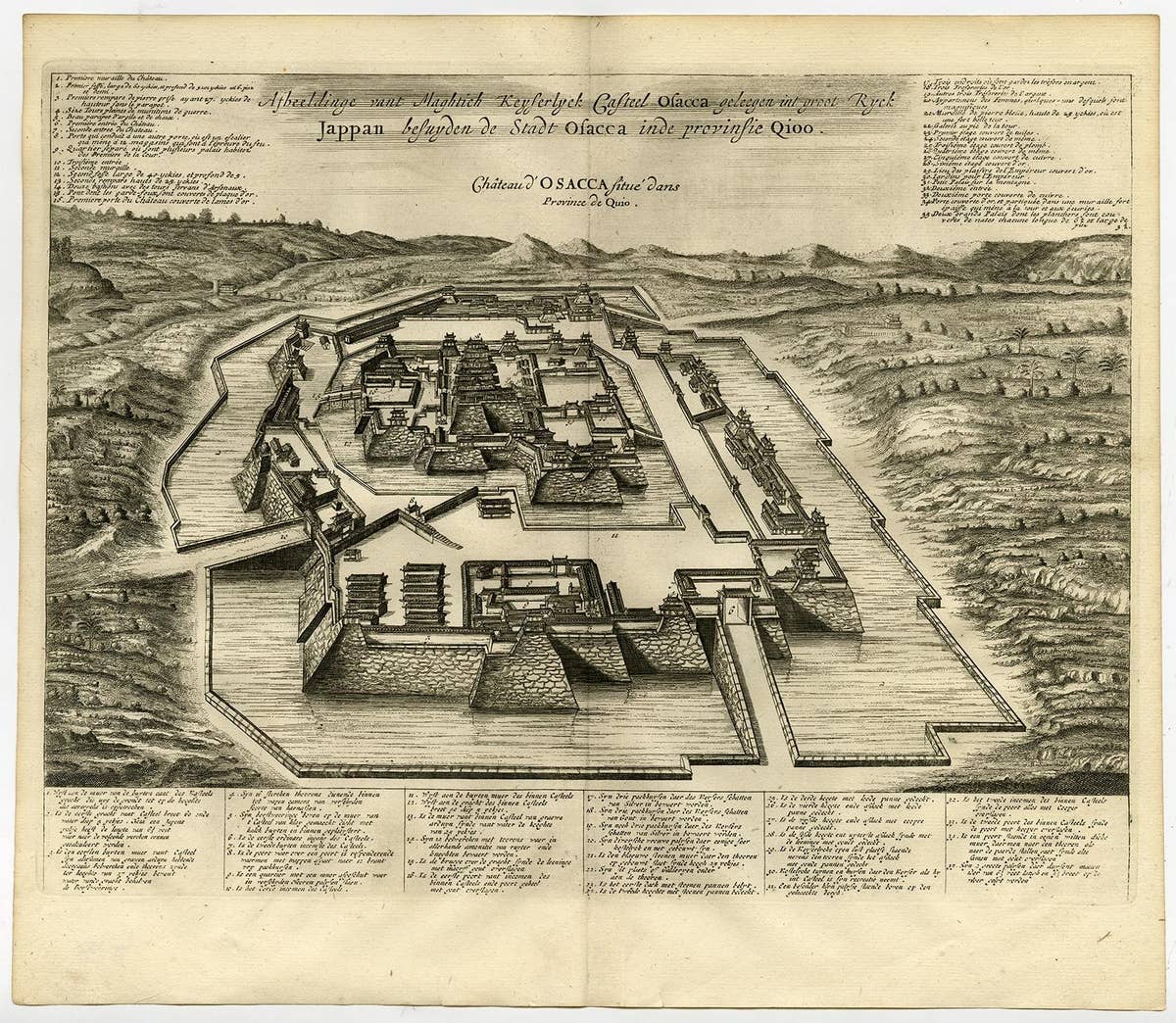 Original Antique Engraving of the Mighty Imperial Osaka Castle in Japan, 1669