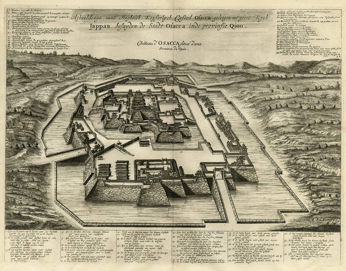 Original Antique Engraving of the Mighty Imperial Osaka Castle in Japan, 1669