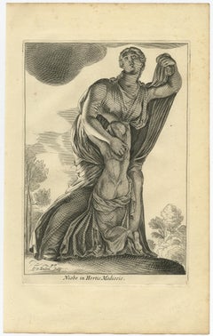 Original Antique Engraving of the Statue of Niobe in Rome, Italy, 1660