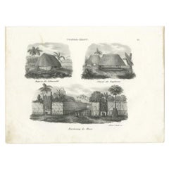 Original Antique Engraving of Various Houses of Tonga Tabu, c.1836