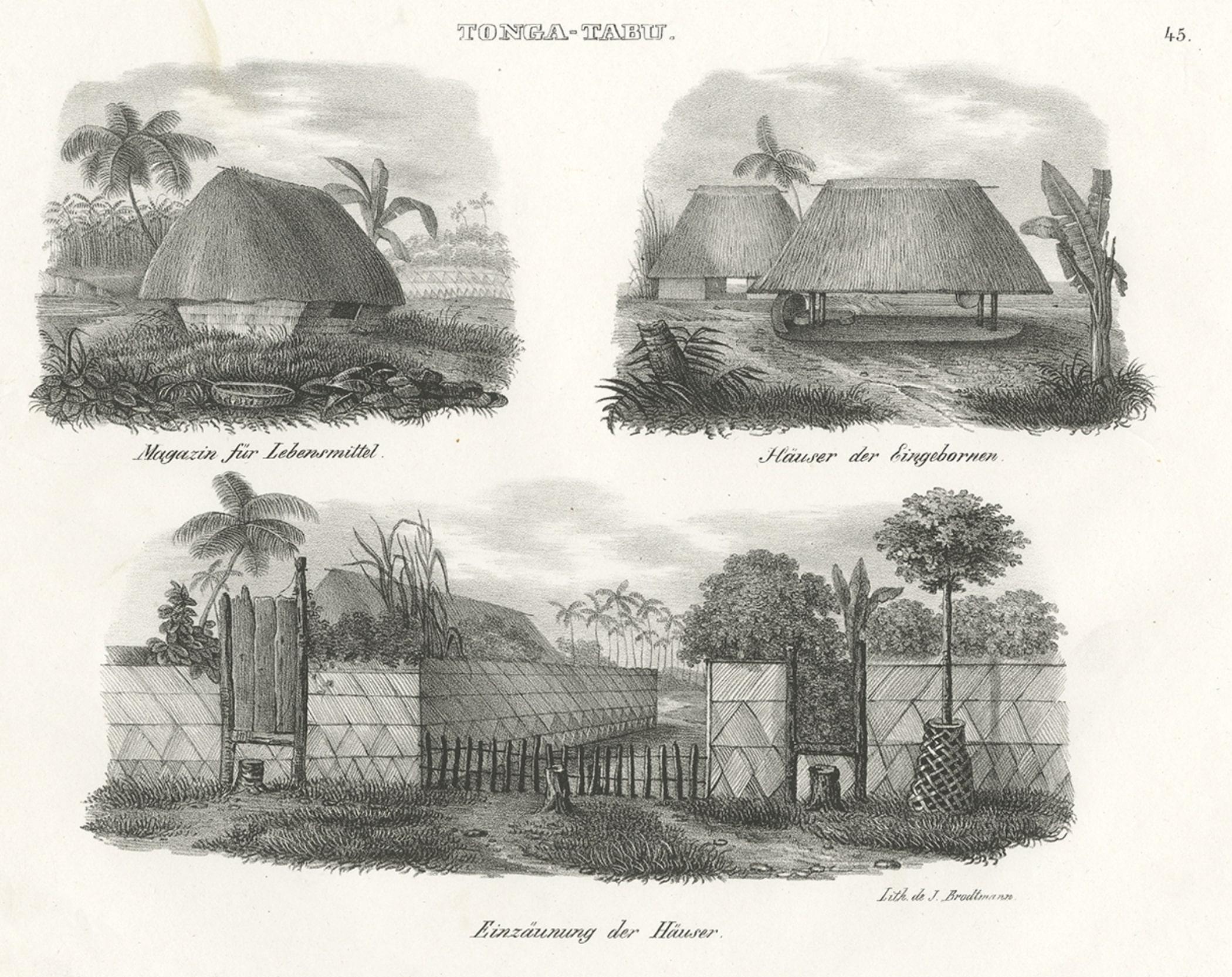 Original Antique Engraving of Various Houses of Tonga Tabu, c.1836 For Sale 1