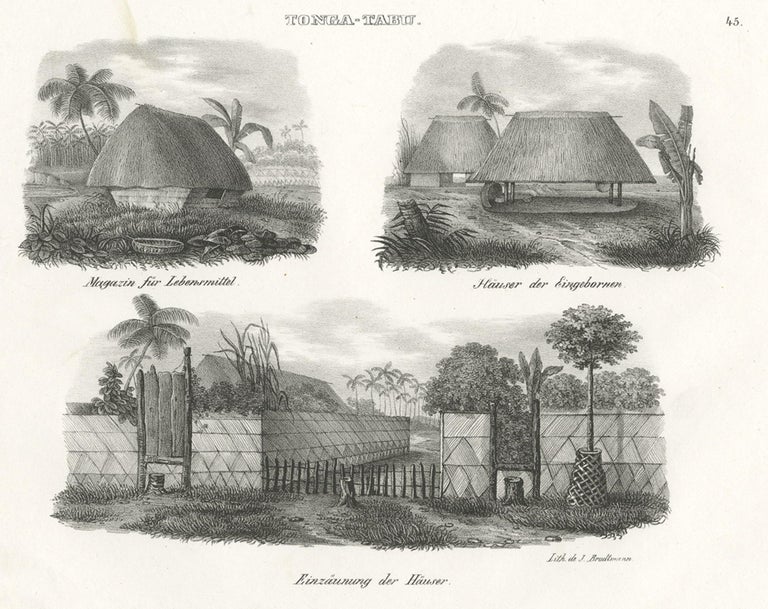 Original Antique Engraving of Various Houses of Tonga Tabu, c.1836 For