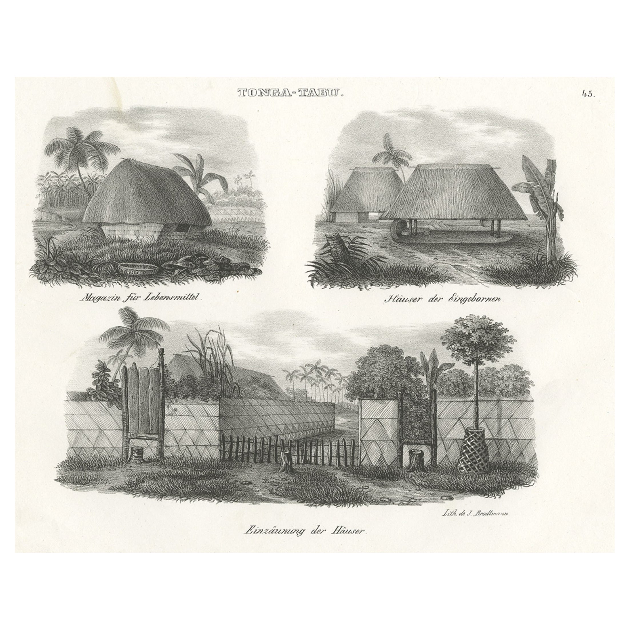 Antike antike Gravur verschiedener Häuser von Tonga Tabu, um 1836 im Angebot