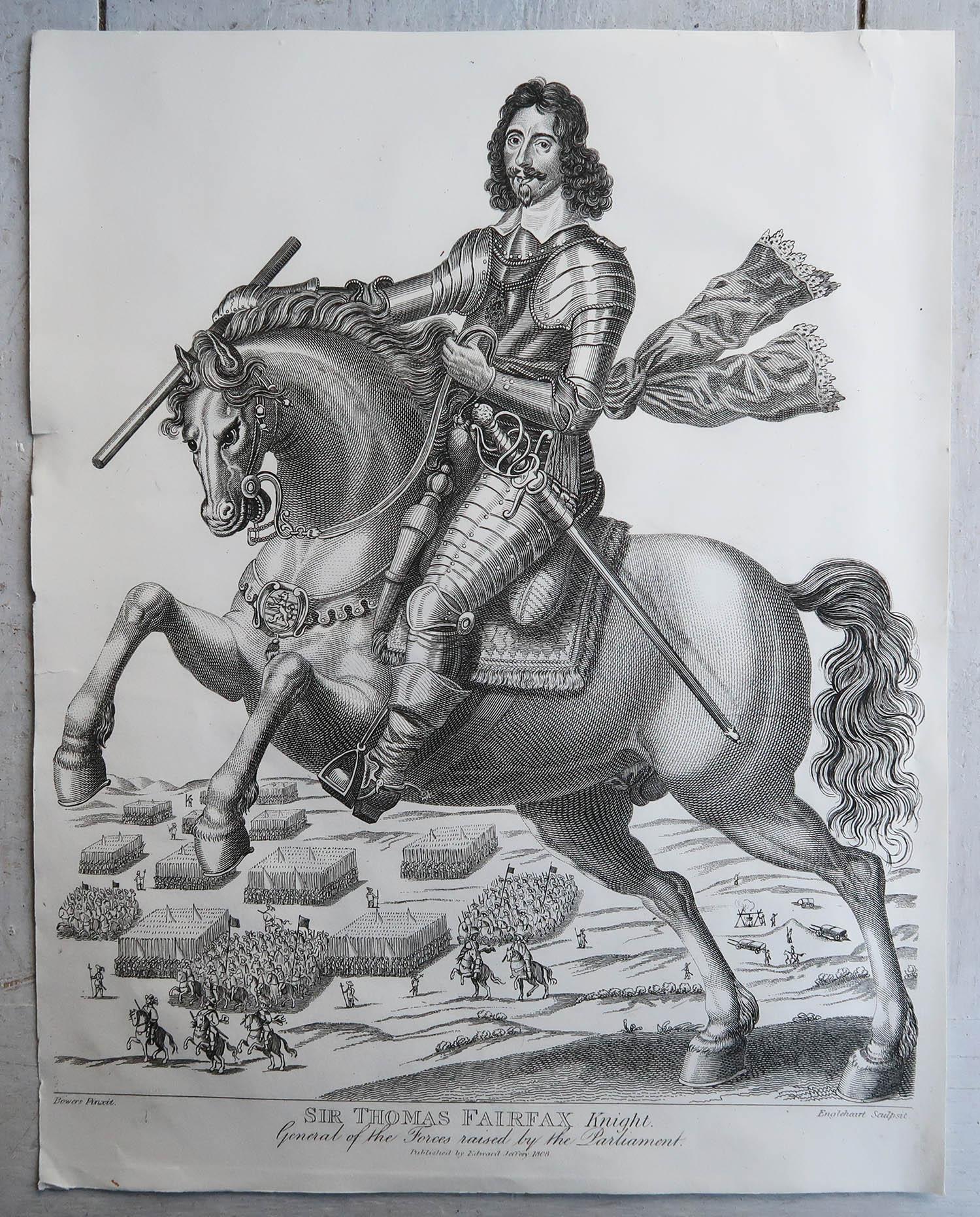 English Original Antique Equestrian Portrait Print of Sir Thomas Fairfax, 1808 For Sale