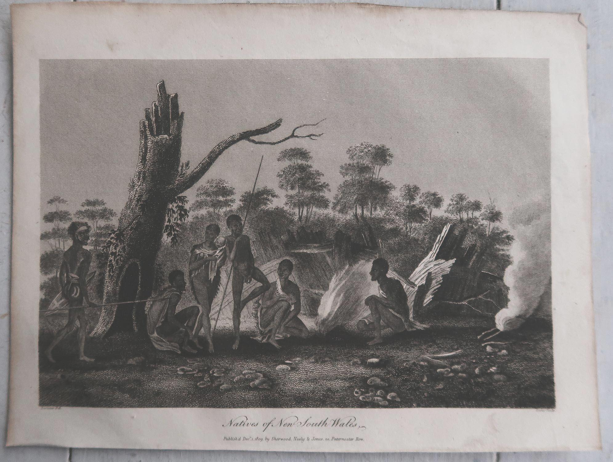 Folk Art Original Antique Ethnographical Print, Figures, New South Wales, Australia, 1809 For Sale