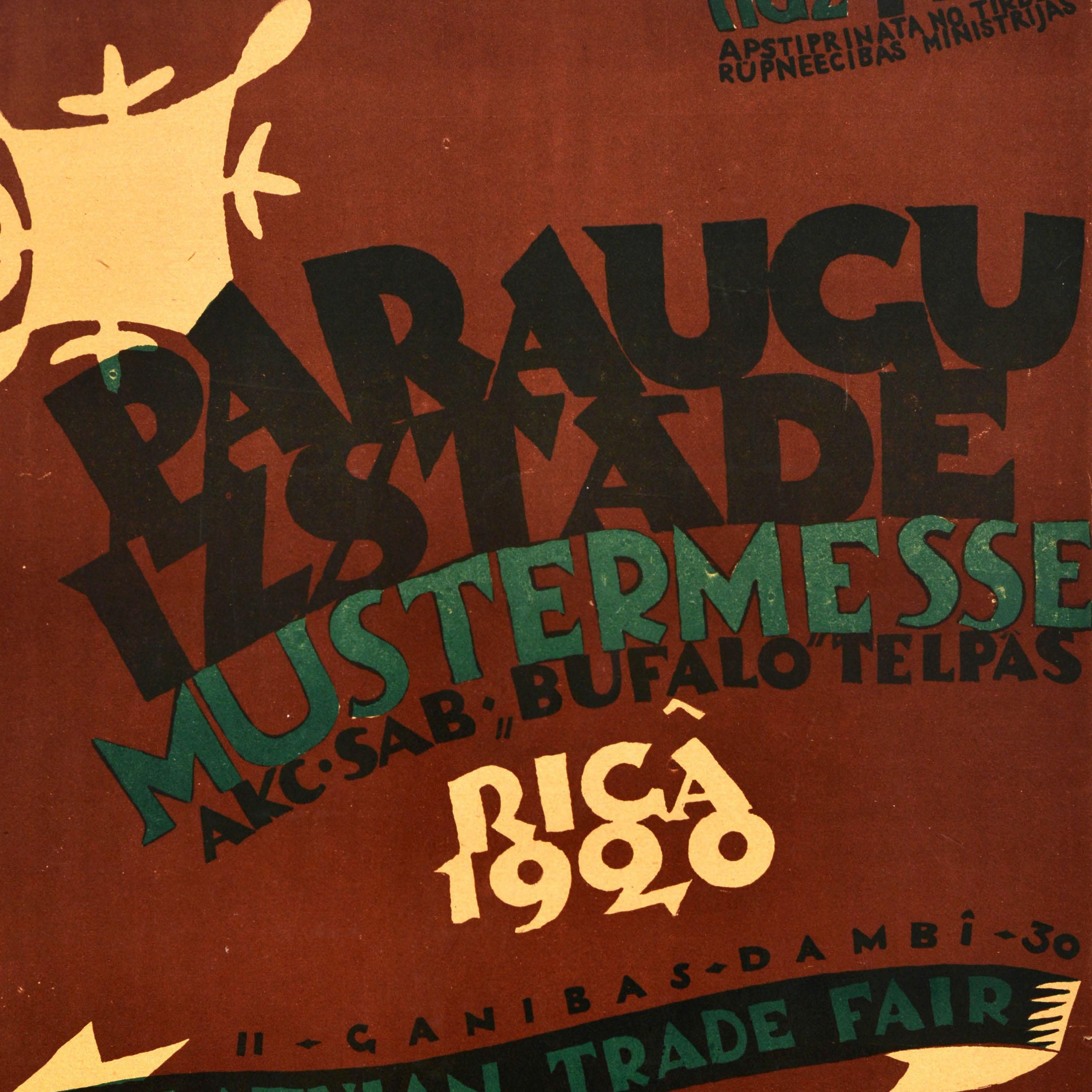 Original antique sample exhibition poster advertising the Paraugu Izstade Mustermesse Bufalo Telpas Brito-Latvian Trade Fair held at the Buffalo factory in Riga Latvia from 26 September to 1 November 1920 featuring a typographical design with the